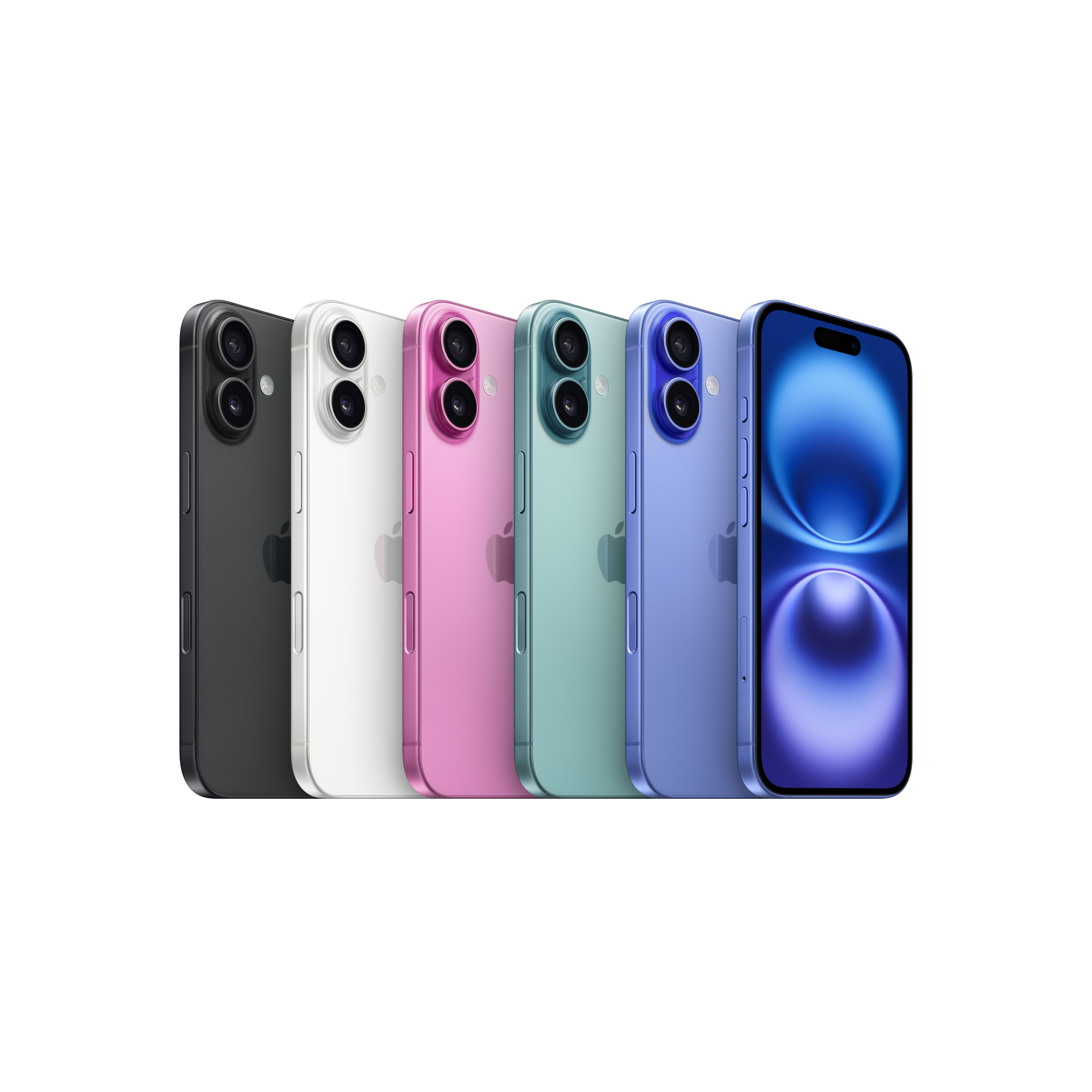 Seis iPhones coloridos. Negro, blanco, rosa, turquesa, morado y azul. Todos en fila.