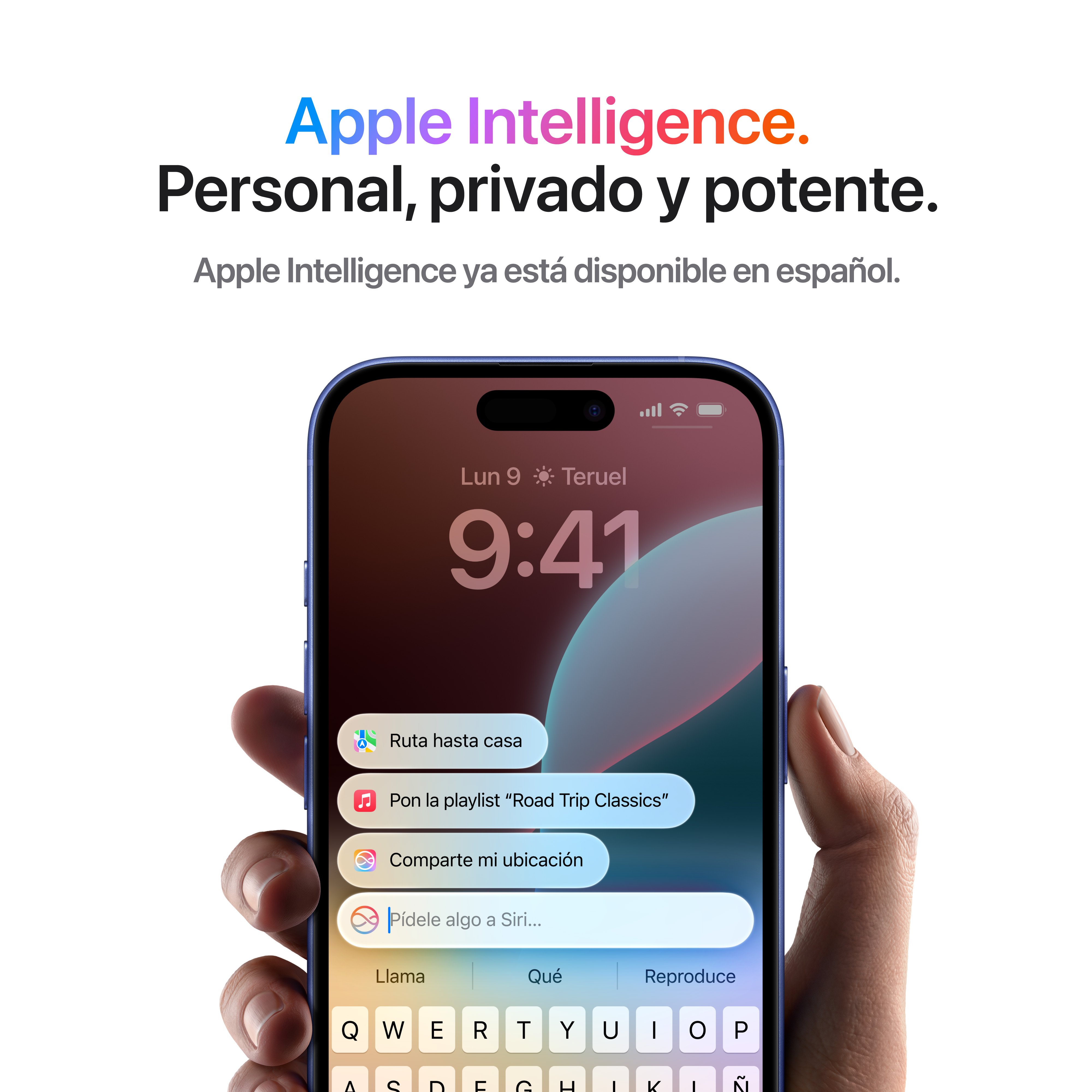 Mano sosteniendo iPhone azul. Texto: Apple Intelligence. Sugerencia de navegación en pantalla.