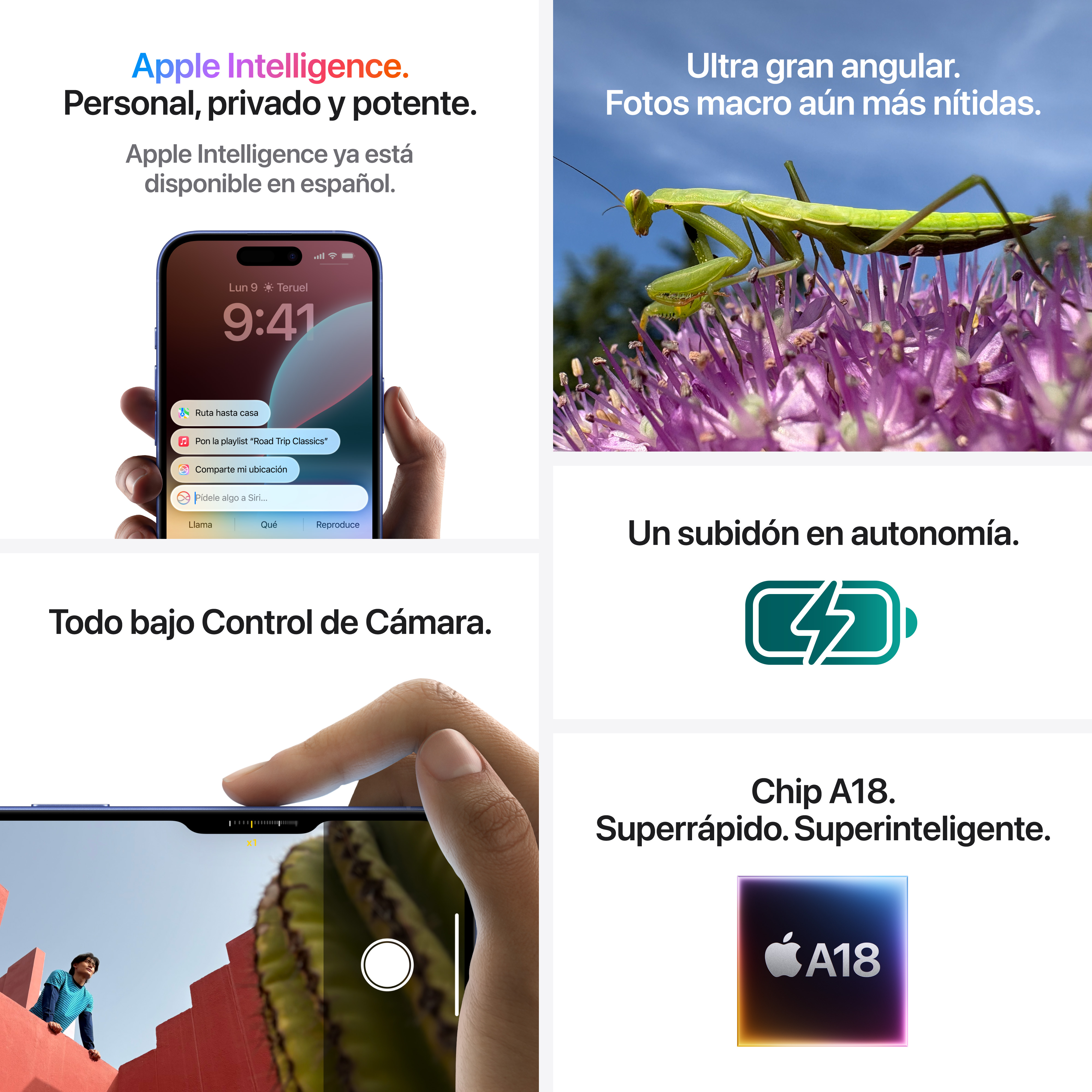 iPhone de Apple con interfaz en español, mostrando funciones de Apple Intelligence, batería y chip A18.