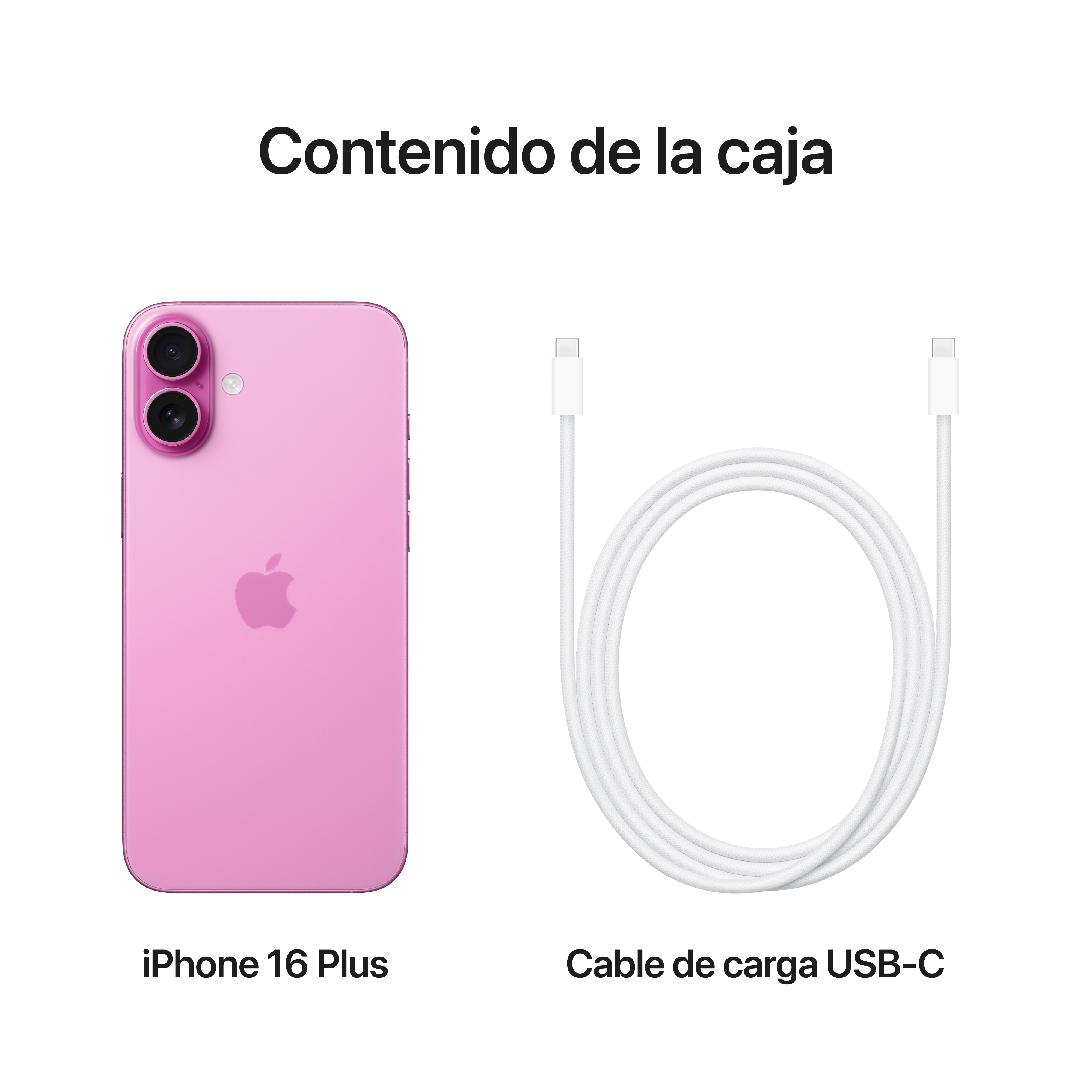 iPhone 16 Plus rosa con cable USB-C.