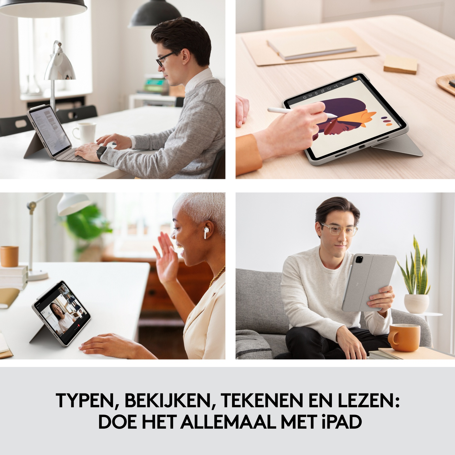 Multiple images showing people using an iPad for various tasks, including typing and drawing.