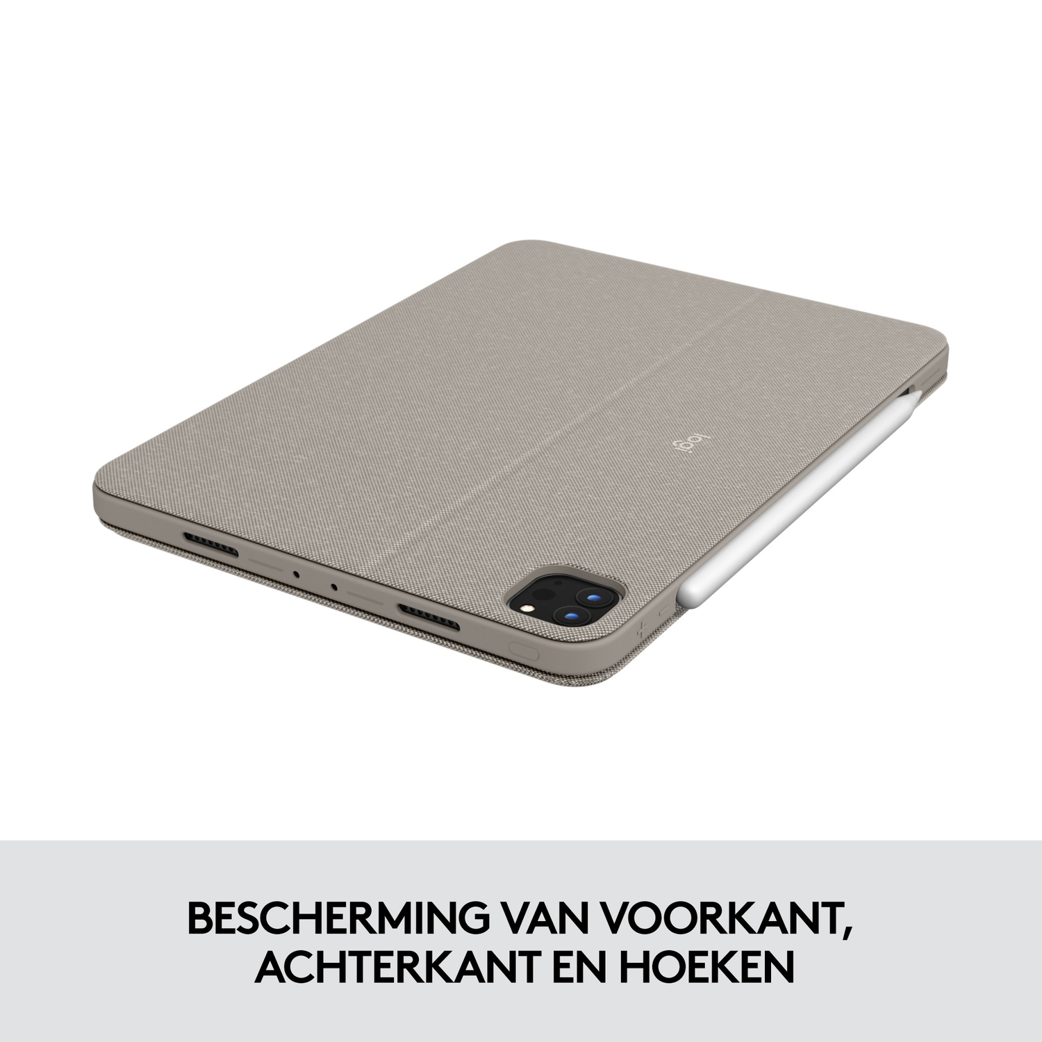 A tablet case with a closed front cover and a stylus. The case is gray and the stylus is white.