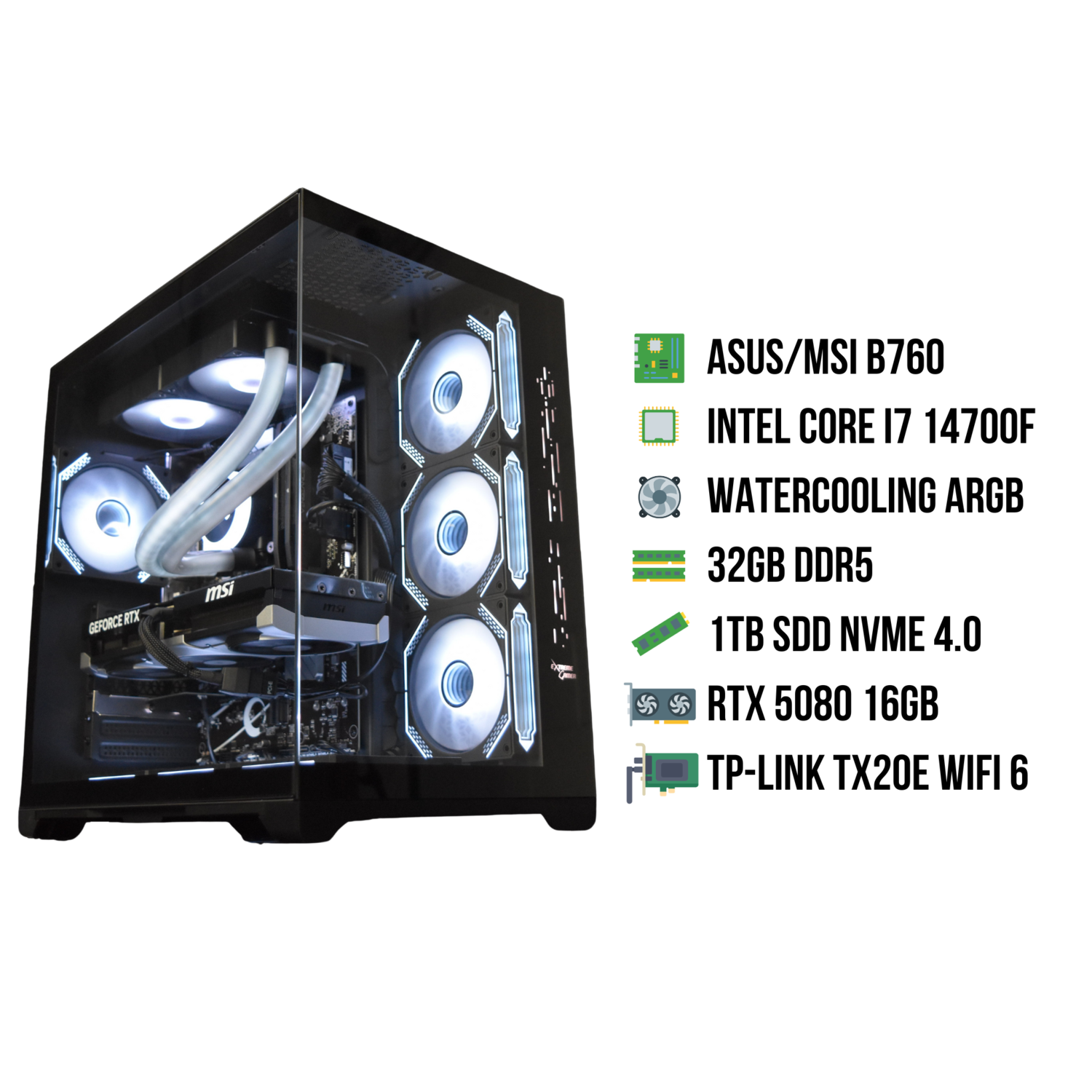 A gaming PC with components labeled, inside a glass case, with a white background.