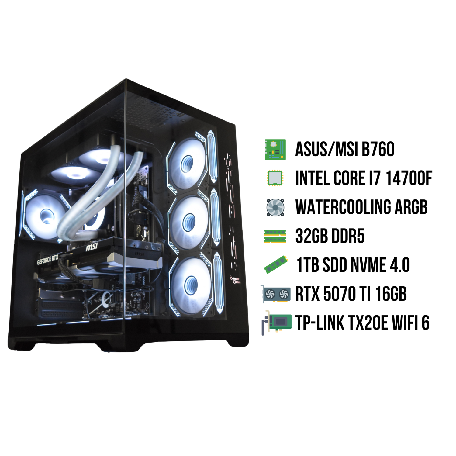 Een computerbehuizing met componenten: ASUS/MSI B760, Intel Core i7, 32GB DDR5, RTX 5070.