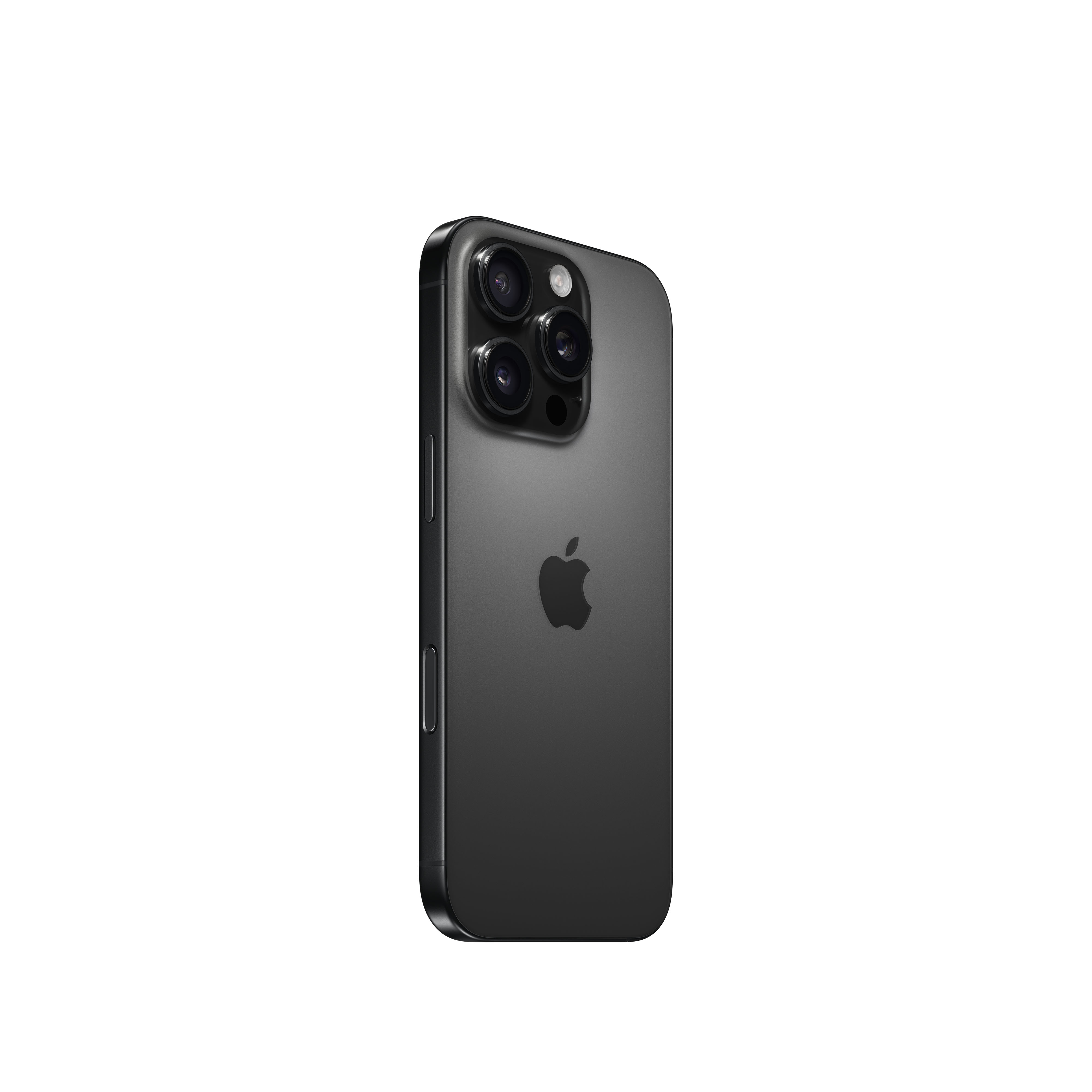 Un iPhone negro con tres cámaras. La parte trasera del teléfono es visible, sobre fondo blanco.