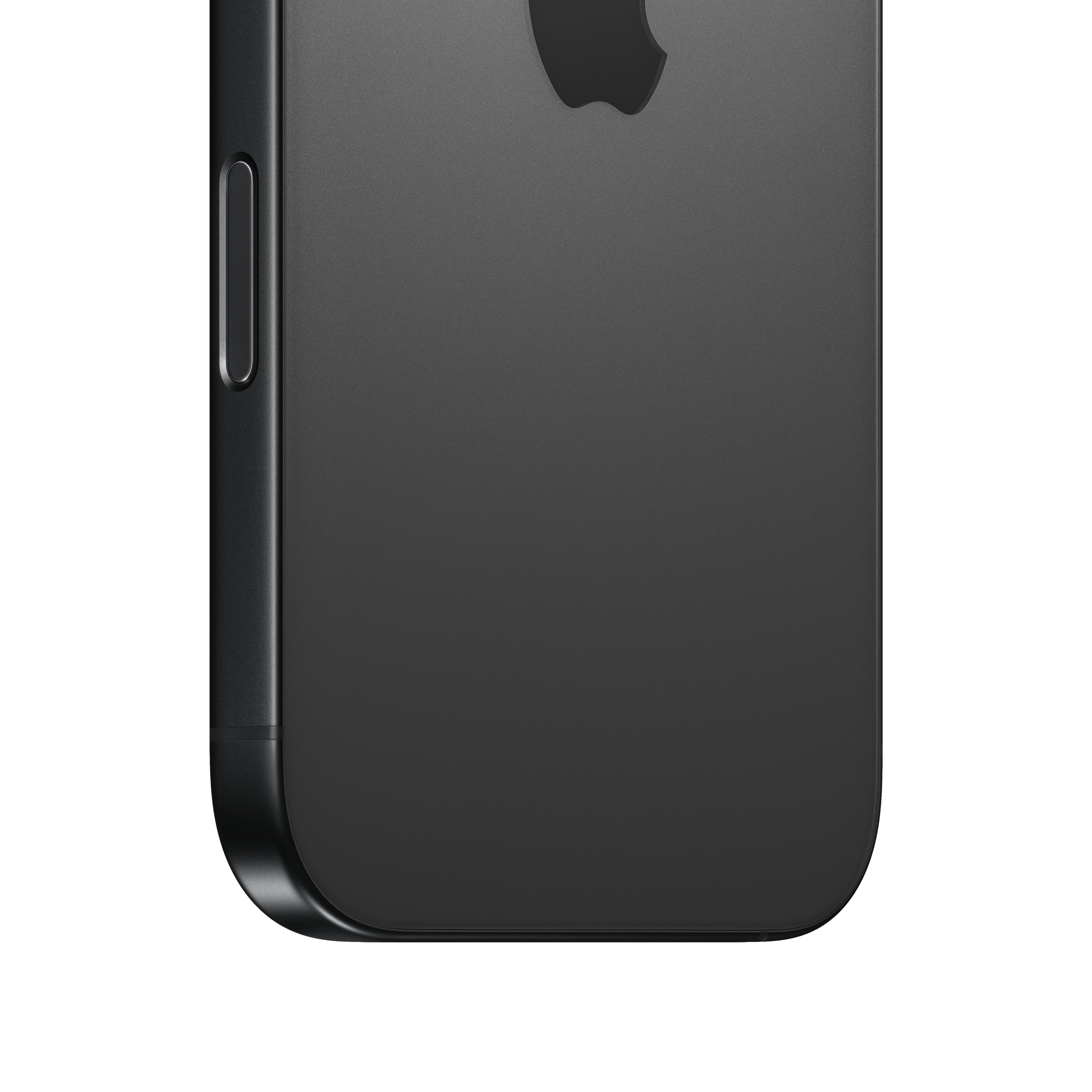 Primer plano de un iPhone negro, parte trasera, con logo Apple y botón lateral.