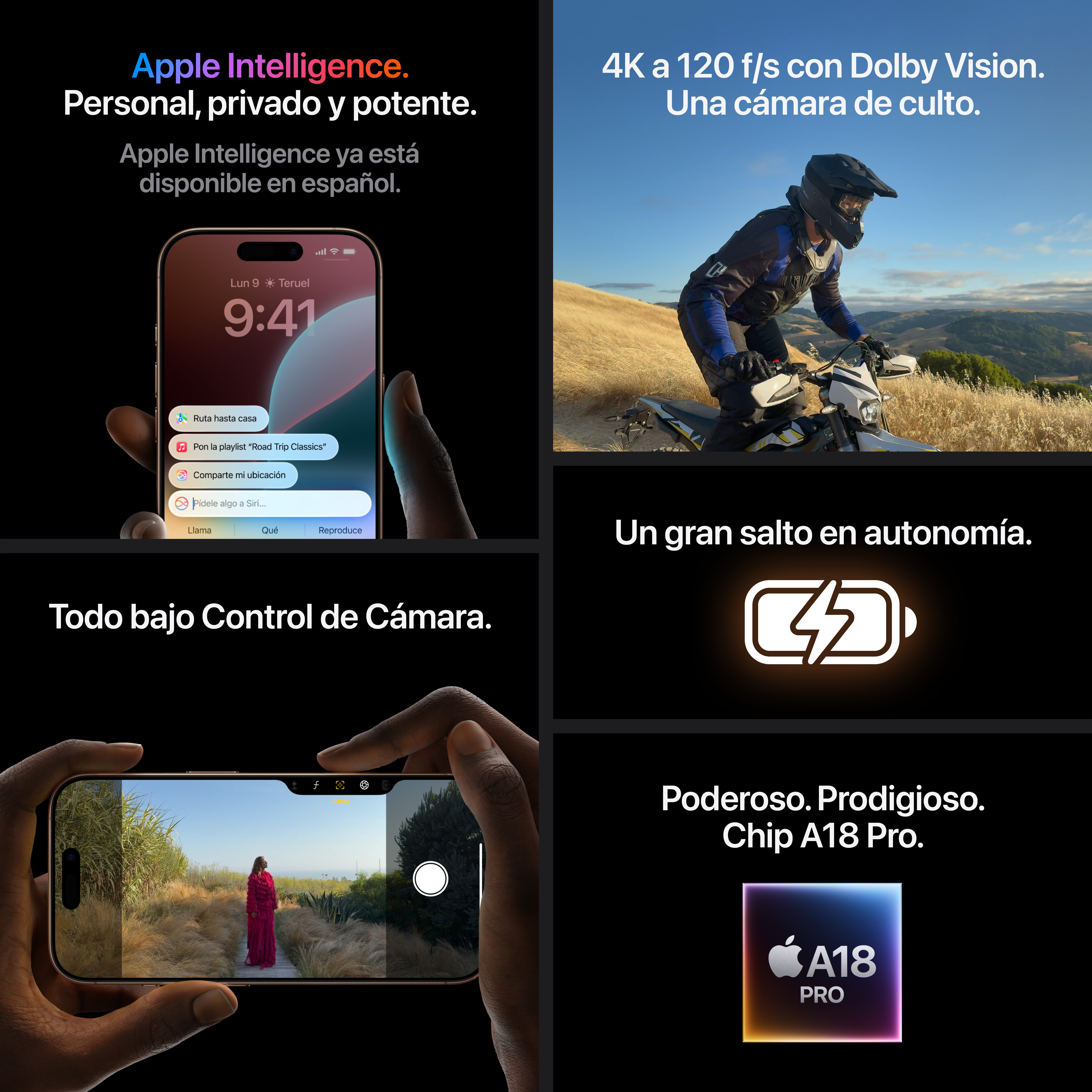 Anuncio de iPhone con características: vídeo 4K, cámara, batería y chip A18 Pro. Texto: Apple Intelligence.