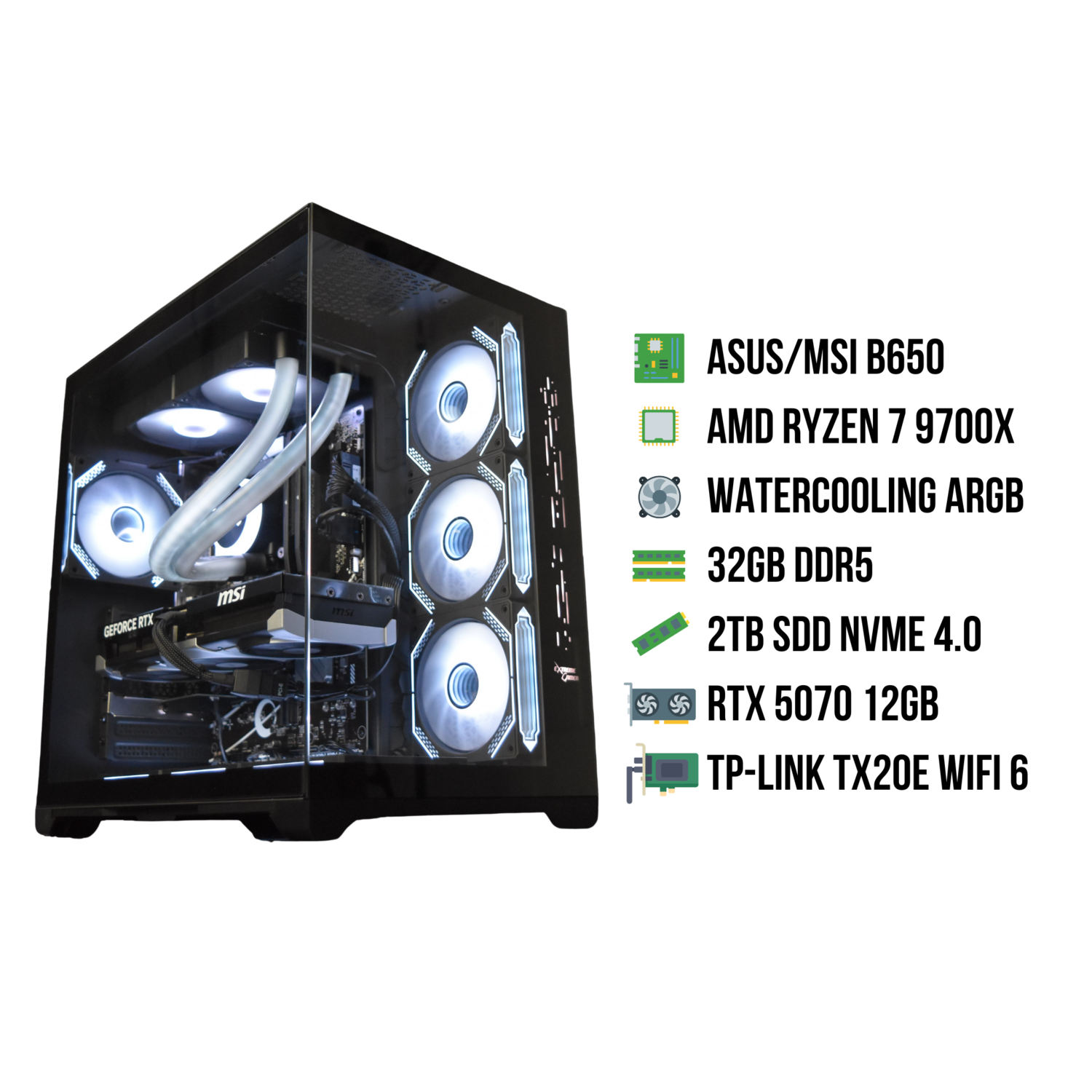 Een pc-behuizing met interne componenten: ASUS/MSI B650, AMD RYZEN 7 9700X, Watercooling ARGB, 2TB SSD, RTX 5070.