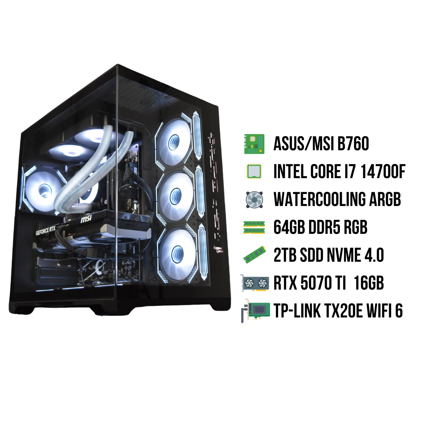 Een gaming-pc met een transparante behuizing, die interne componenten en specificaties toont.