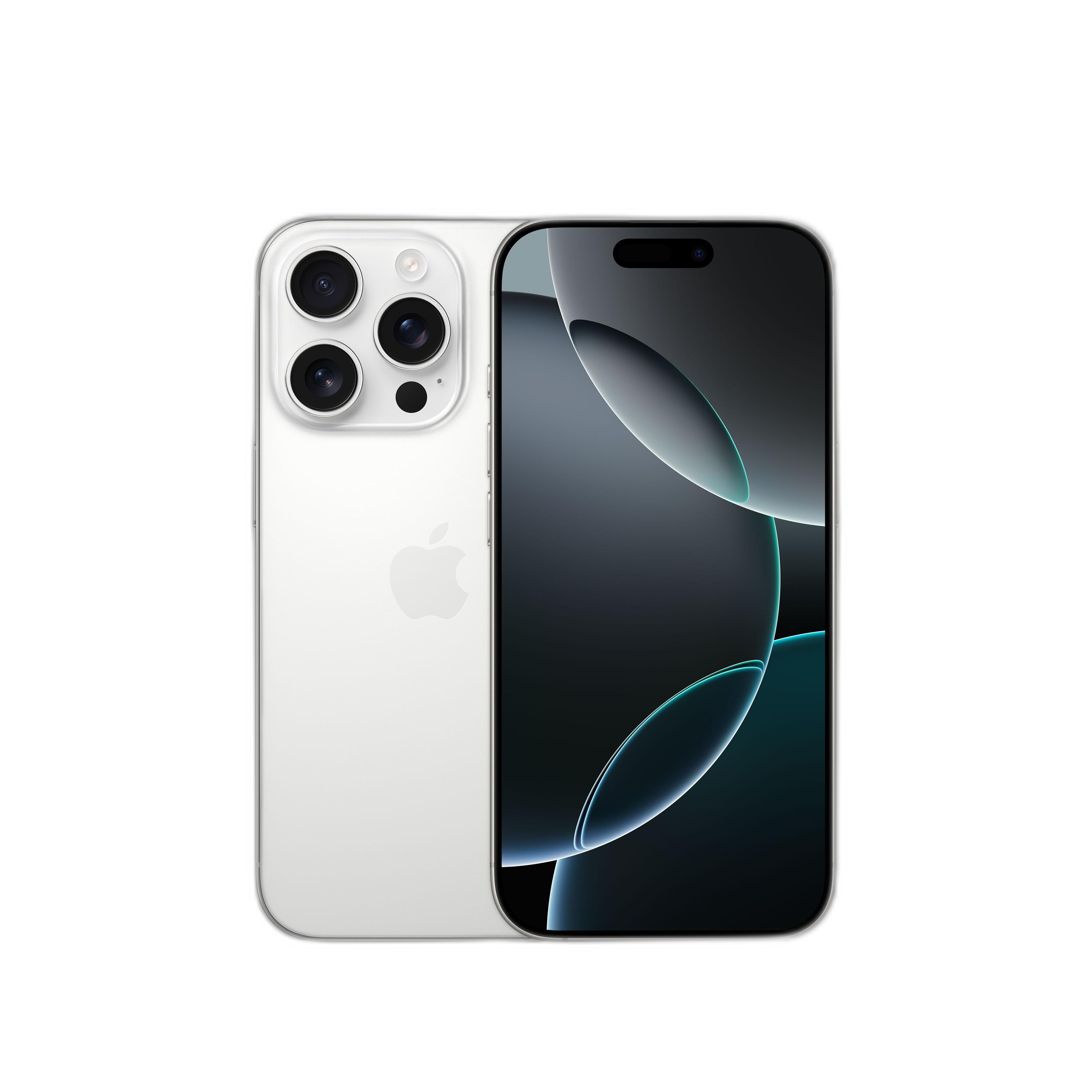 Un iPhone blanco con pantalla negra. La parte trasera muestra tres cámaras y el logo de Apple.