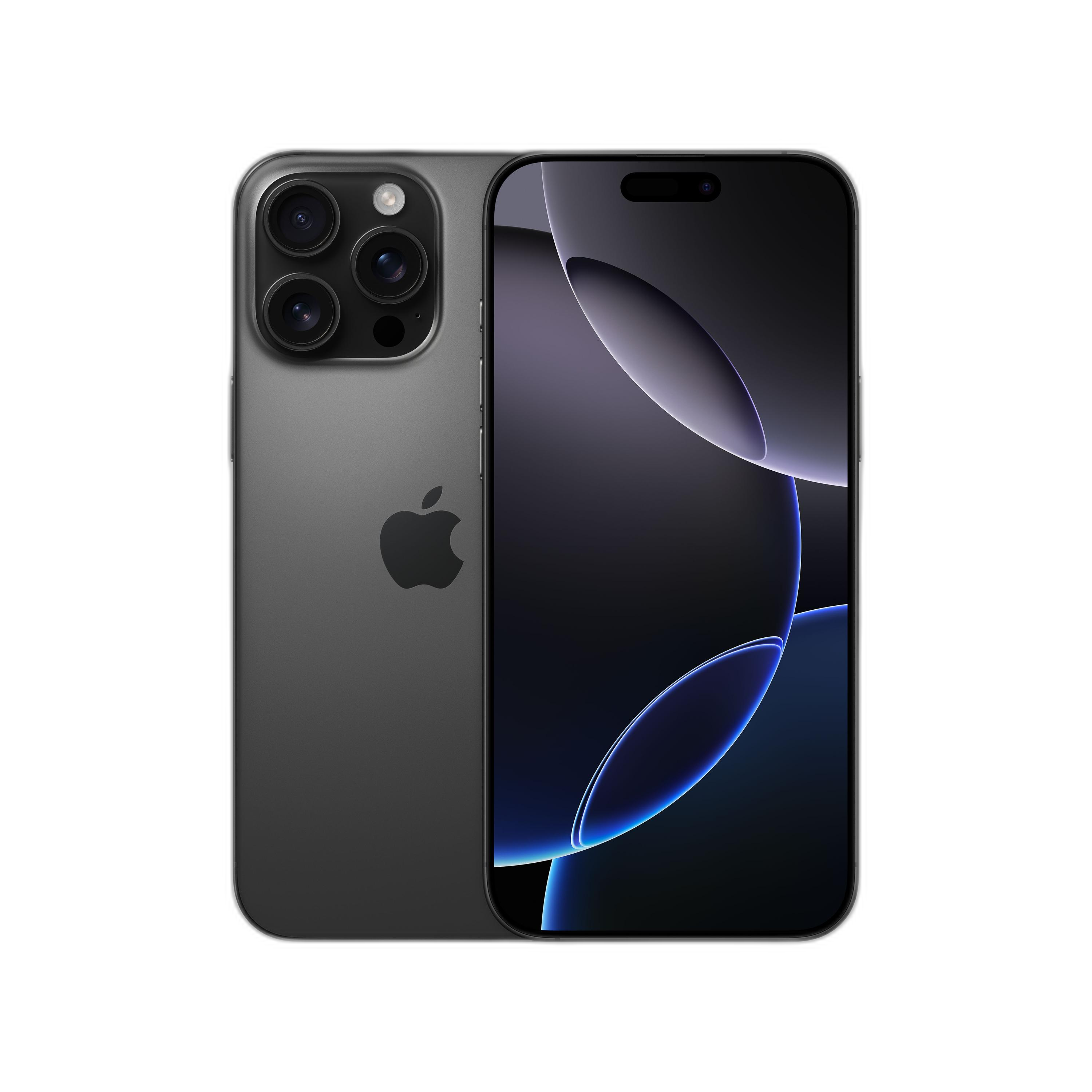 Un iPhone con tres cámaras en la parte trasera y pantalla en la parte delantera. Negro.