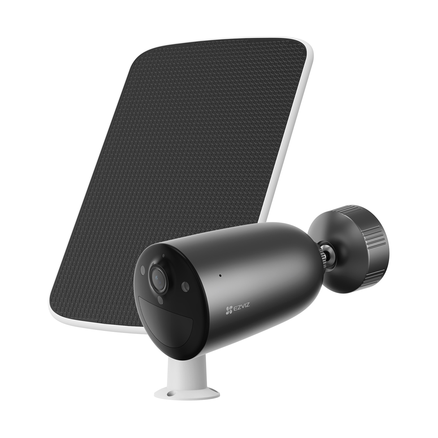 Telecamera di sicurezza nera con pannello solare. Base bianca. La fotocamera ha un obiettivo e il logo EZVIZ.