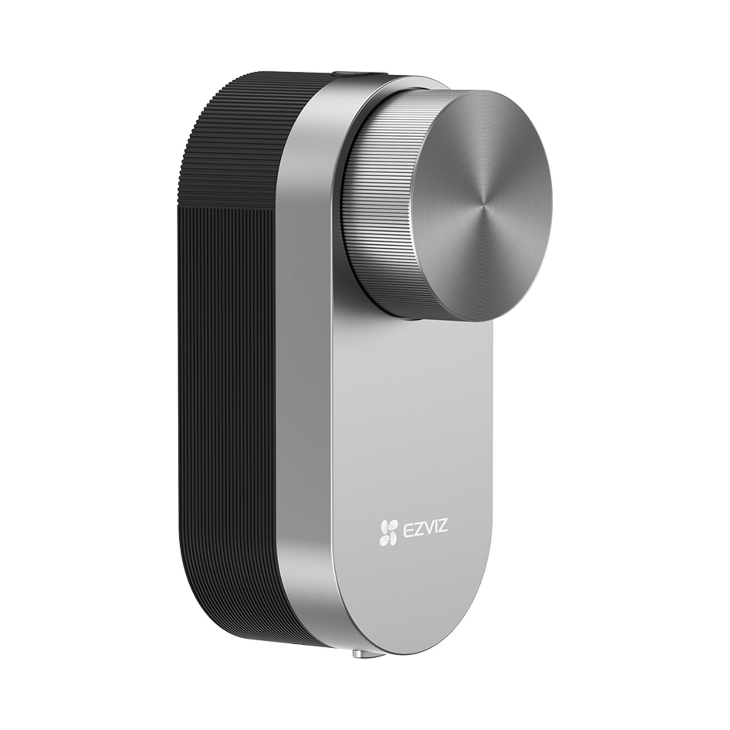 Smart lock argento e nero, quadrante cilindrico, logo EZVIZ, sfondo bianco.
