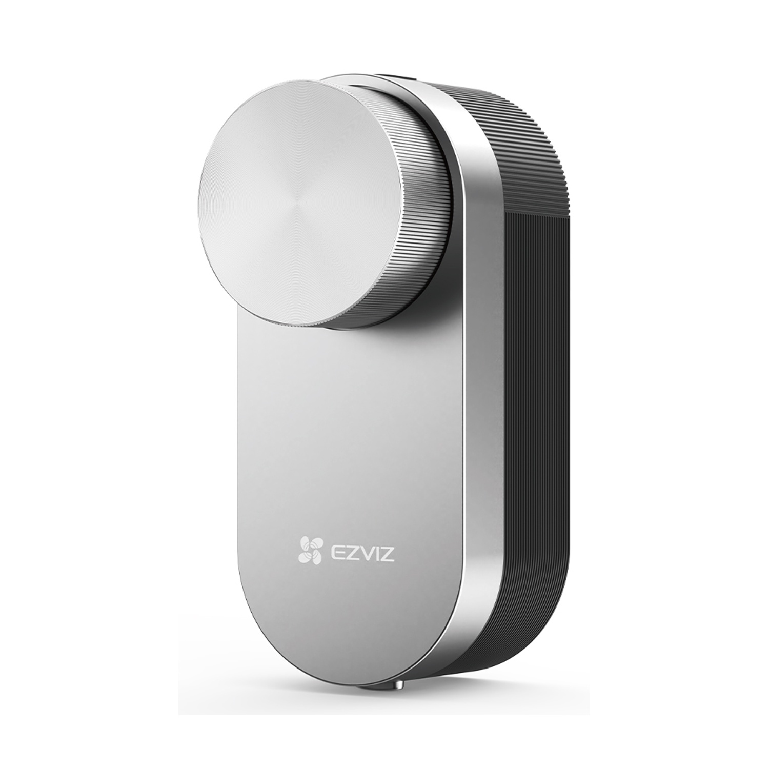 Una serratura di sicurezza argentata. La parte superiore è un quadrante rotondo, la faccia è ovale con EZVIZ.
