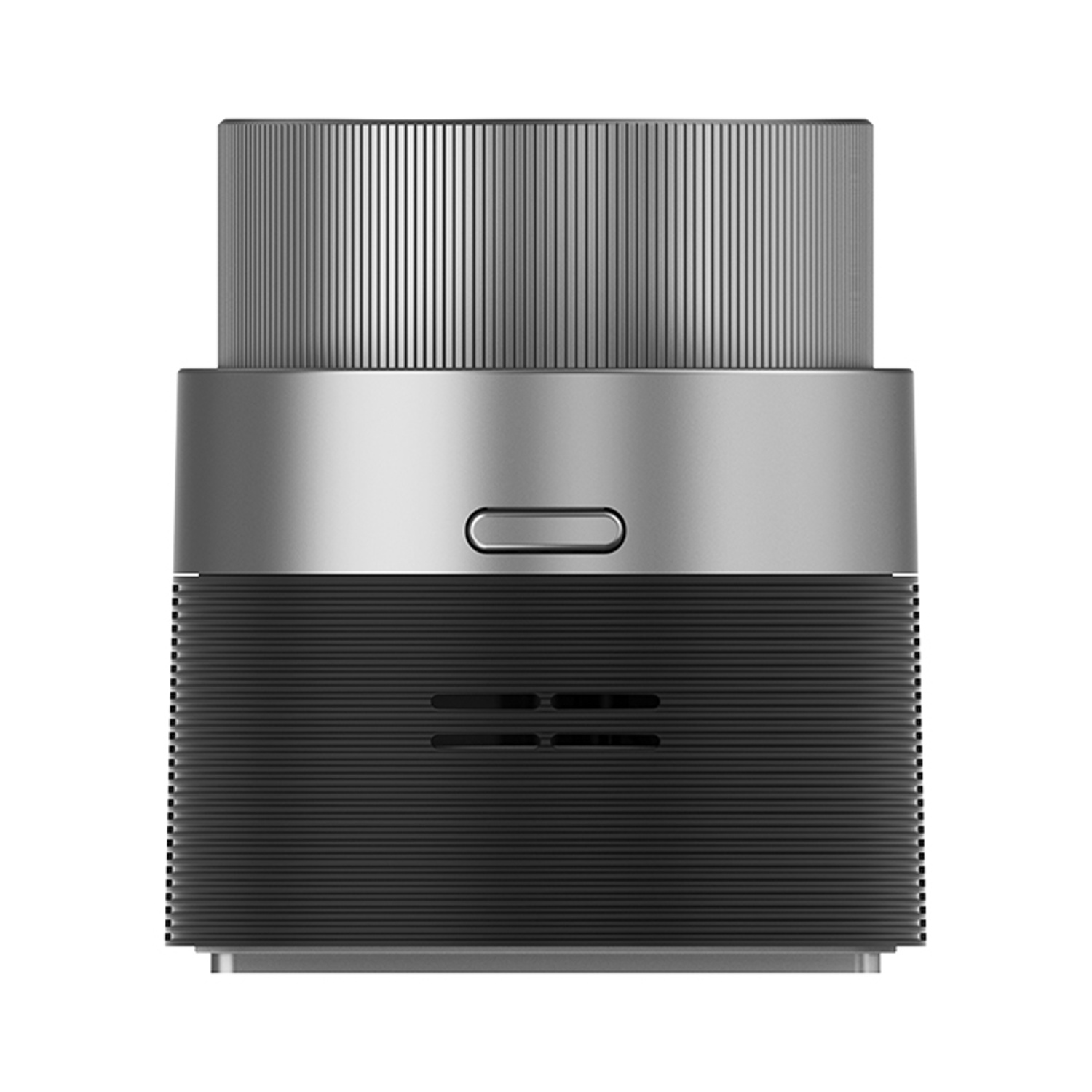 Altoparlante nero e argento. La parte superiore ha una griglia argentata. Il corpo è nero con linee orizzontali.