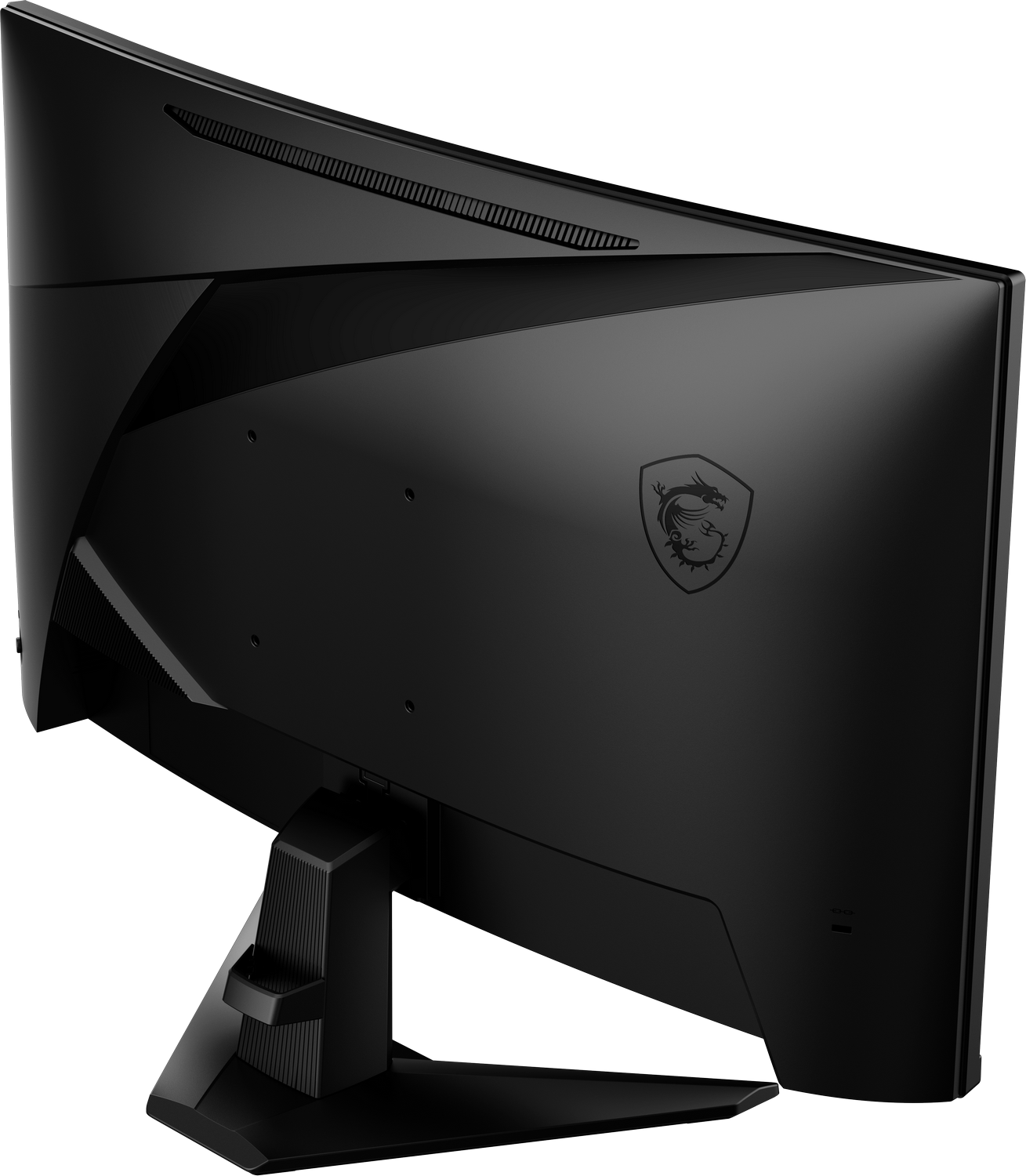 Parte trasera del monitor MSI negro. Logotipo de MSI en el centro, vista en ángulo.