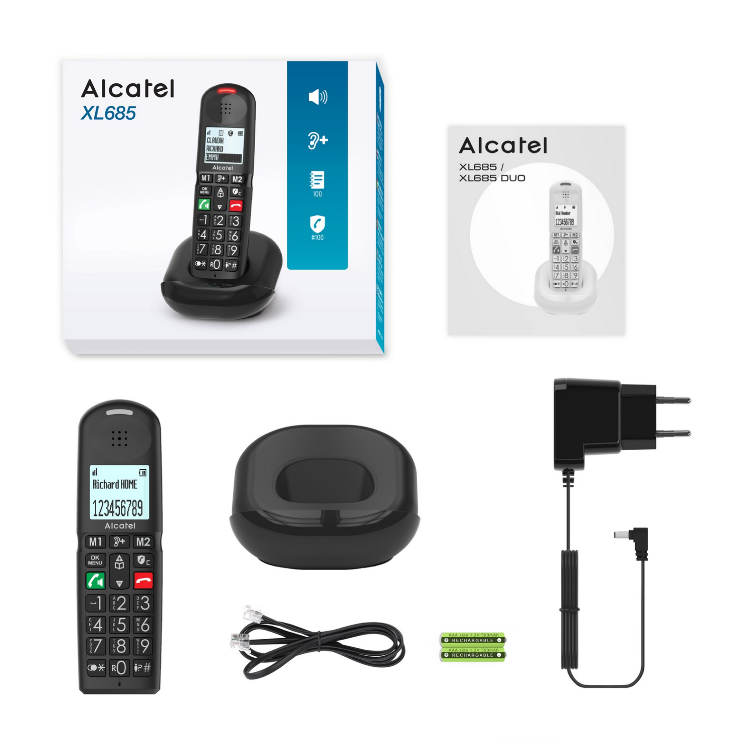 Un conjunto de teléfono Alcatel XL685 y accesorios. Incluye teléfono, base, cargador y cables.