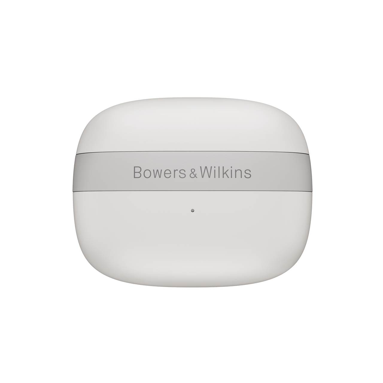 Estuche blanco de auriculares con el logotipo Bowers & Wilkins arriba.