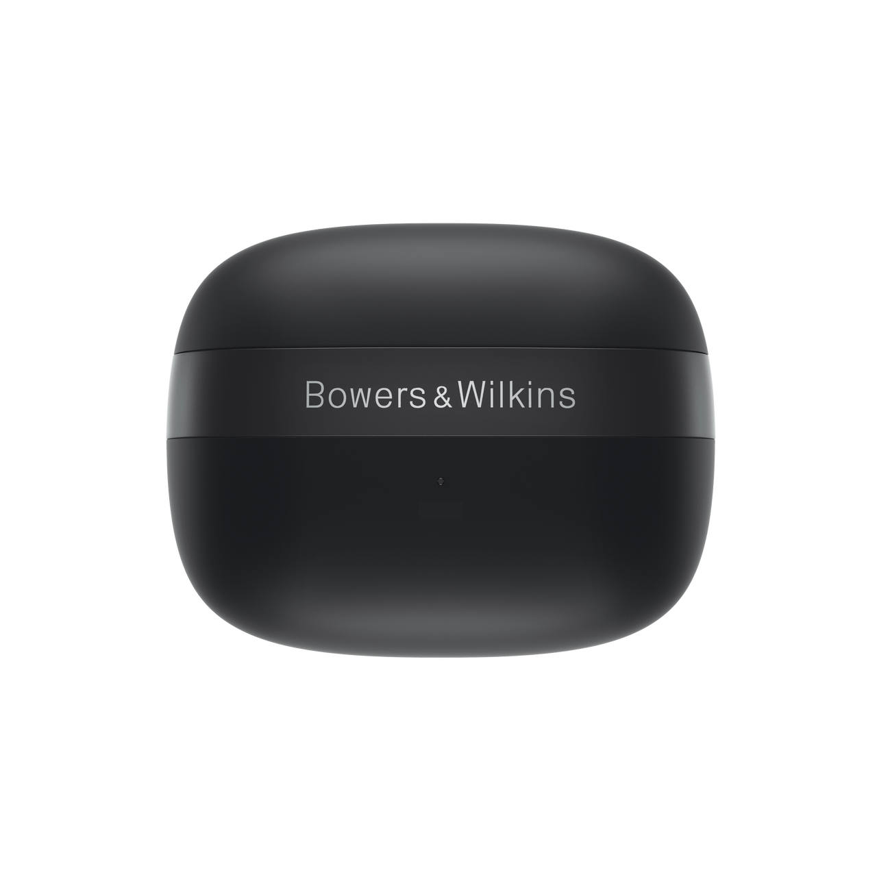 Un estuche de carga de auriculares Bowers & Wilkins negro.