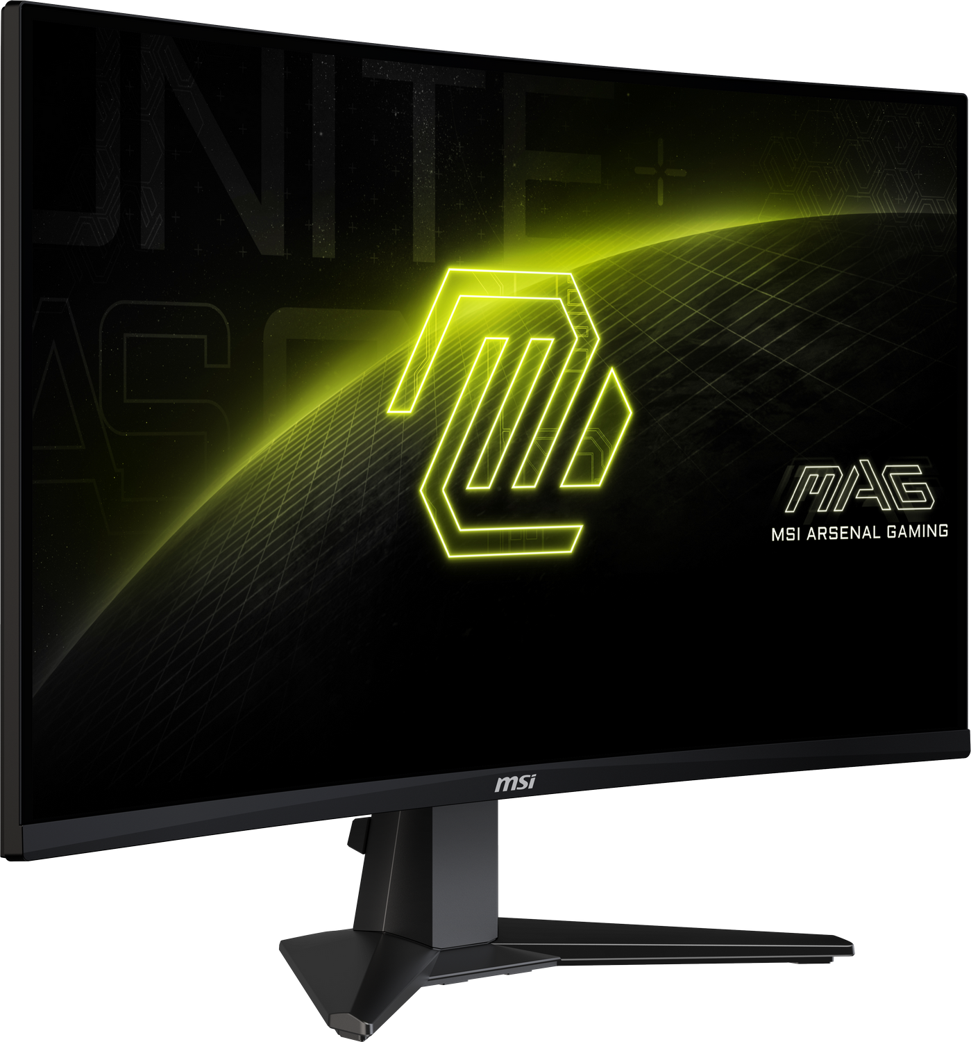 Monitor negro curvo con logo amarillo neón. Texto: MAG MSI ARSENAL GAMING. Fondo negro.