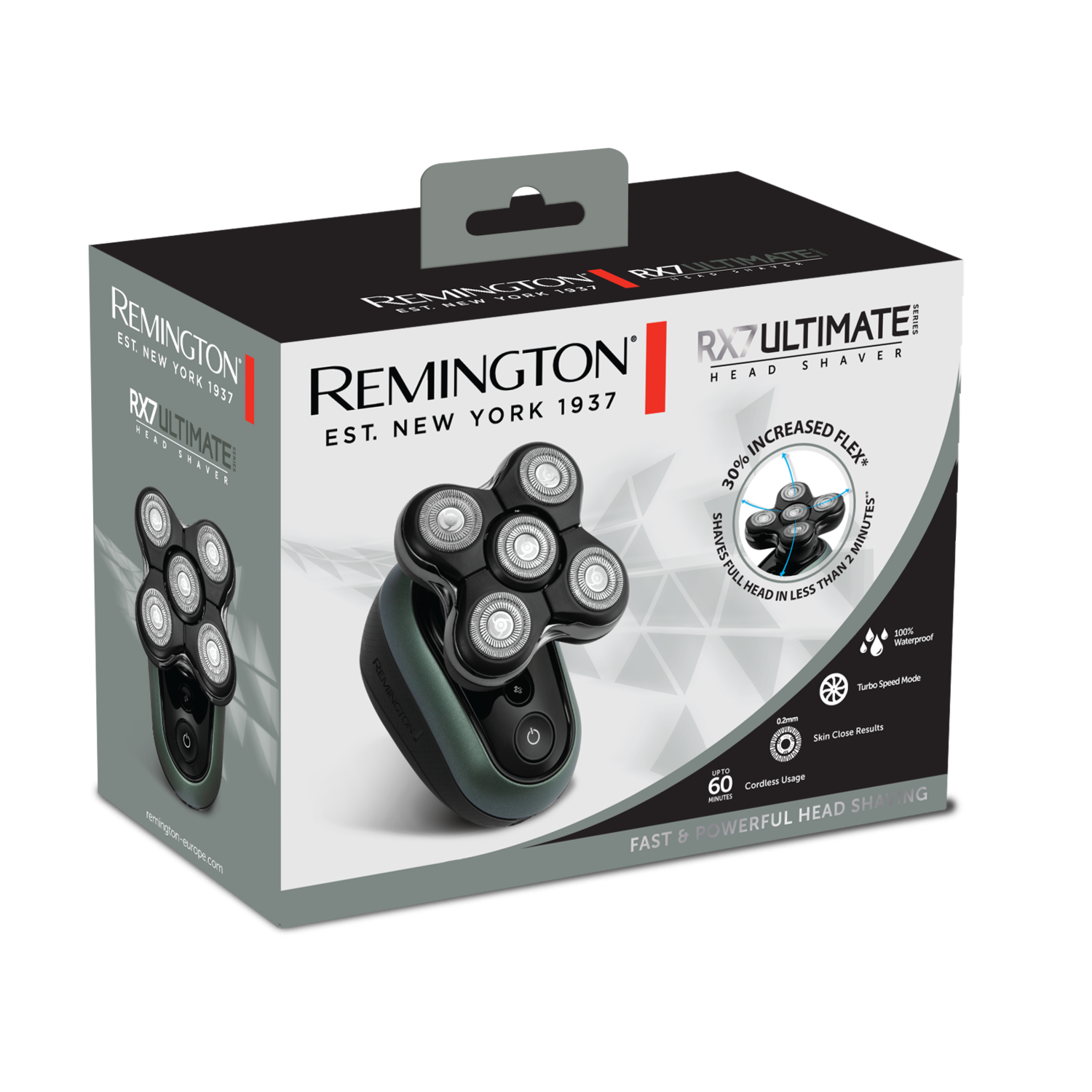 Remington RX7 Ultimate Head Shaver doos. De doos toont het scheerapparaat.