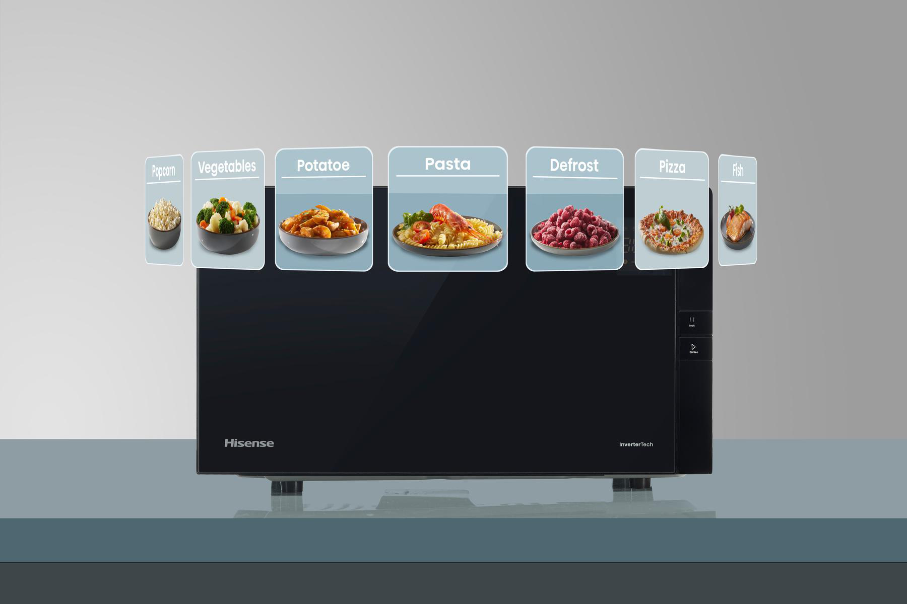 Schwarzer Mikrowellenofen mit angezeigten Speisenoptionen: Popcorn, Gemüse, Kartoffeln, Nudeln, Auftauen, Pizza, Fisch.