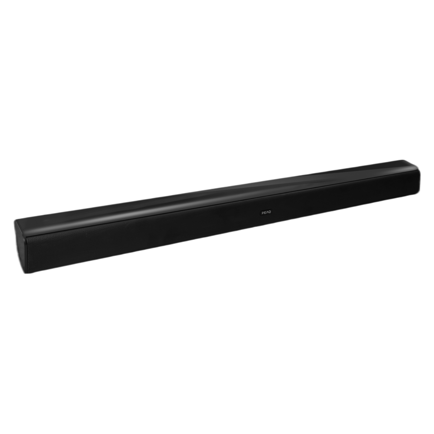 Zwarte soundbar, lineaire vorm, met de merknaam PEAQ zichtbaar. Donkere achtergrond.