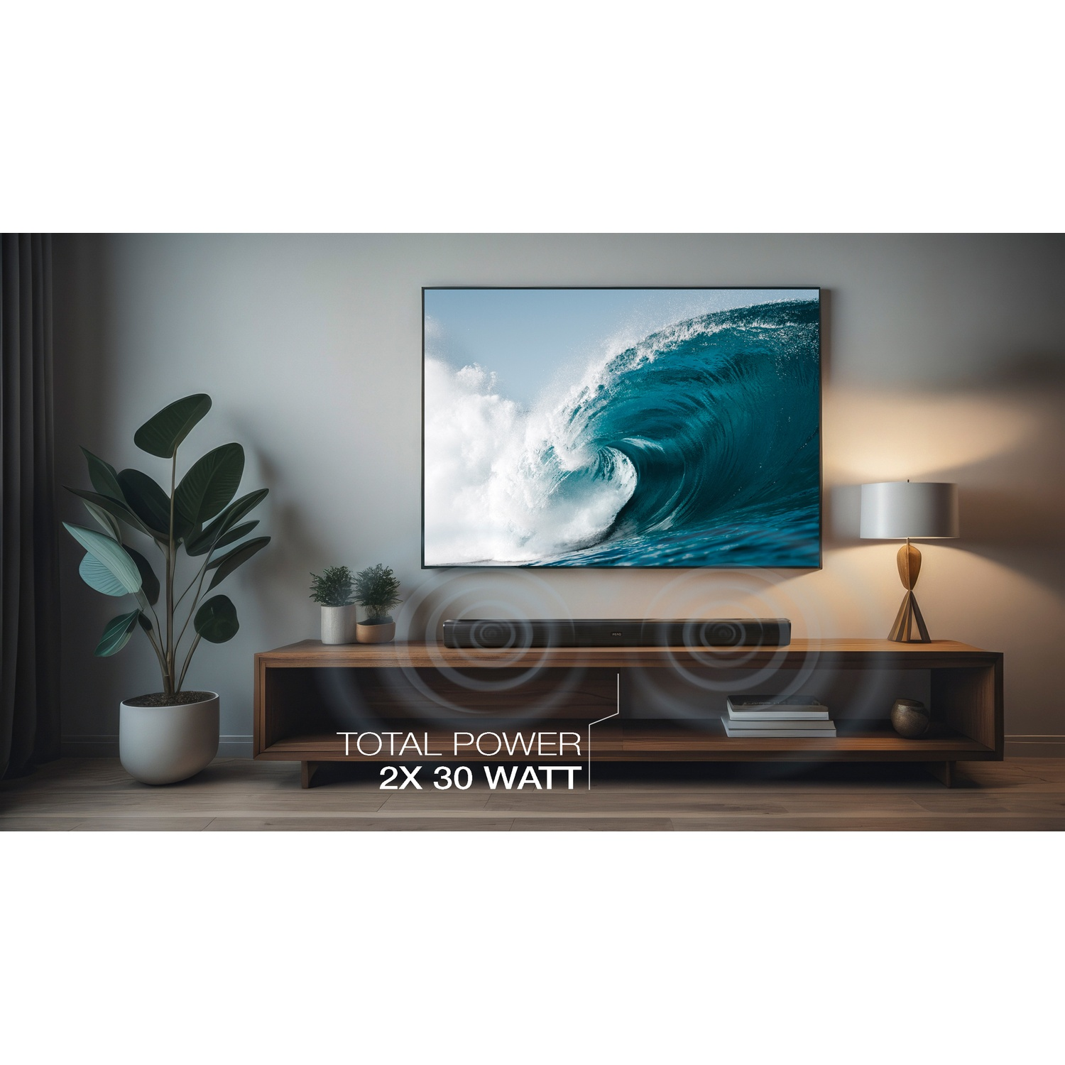 Woonkamer met tv die een golf laat zien. Soundbar op een houten kast.