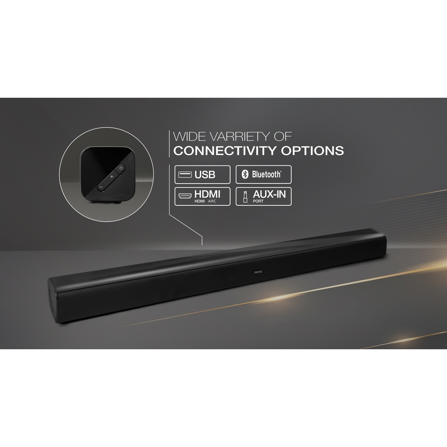 Een zwarte soundbar met verbindingsmogelijkheden: USB, Bluetooth, HDMI en AUX-IN-poort.