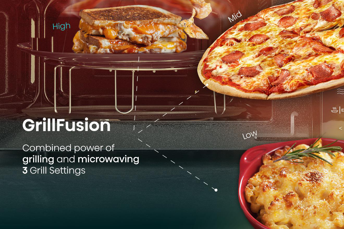 Eine Mikrowelle zeigt drei Gerichte: gegrillter Käse, Pizza und Makkaroni mit Käse. Text sagt GrillFusion.