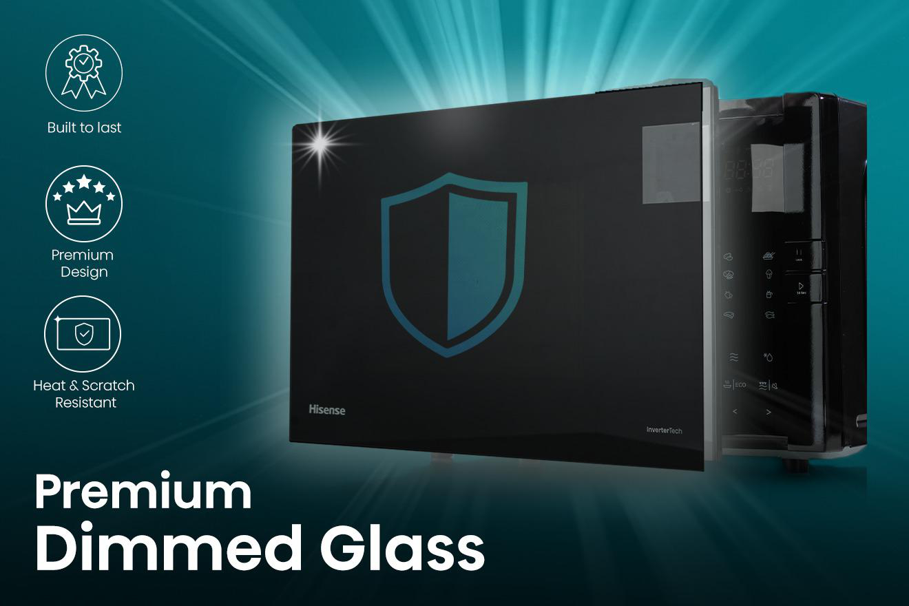 Eine schwarze Mikrowelle mit dem Text: Premium Dimmed Glass.