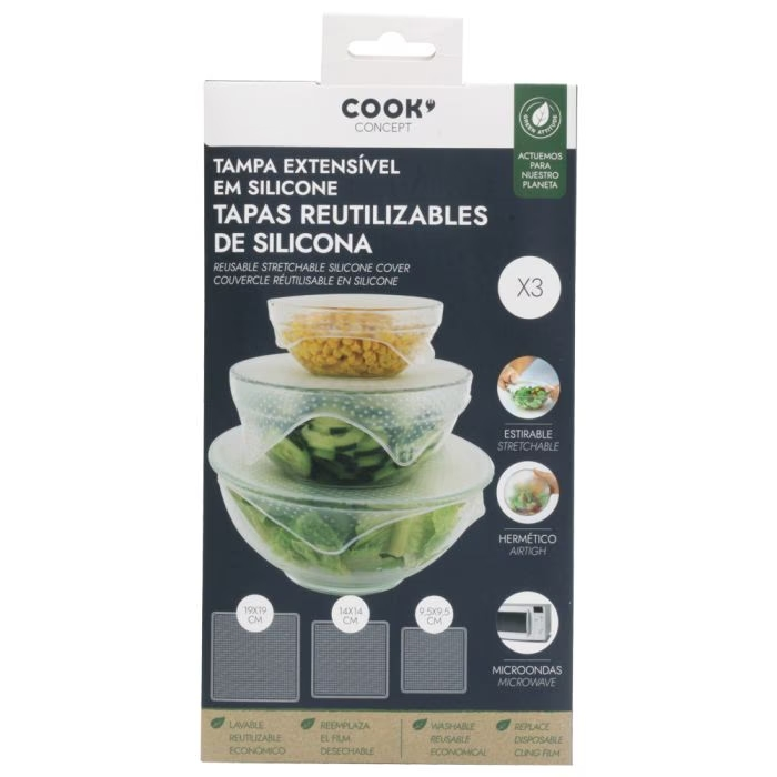 Caja con tres tapas de silicona reutilizables sobre fondo blanco.