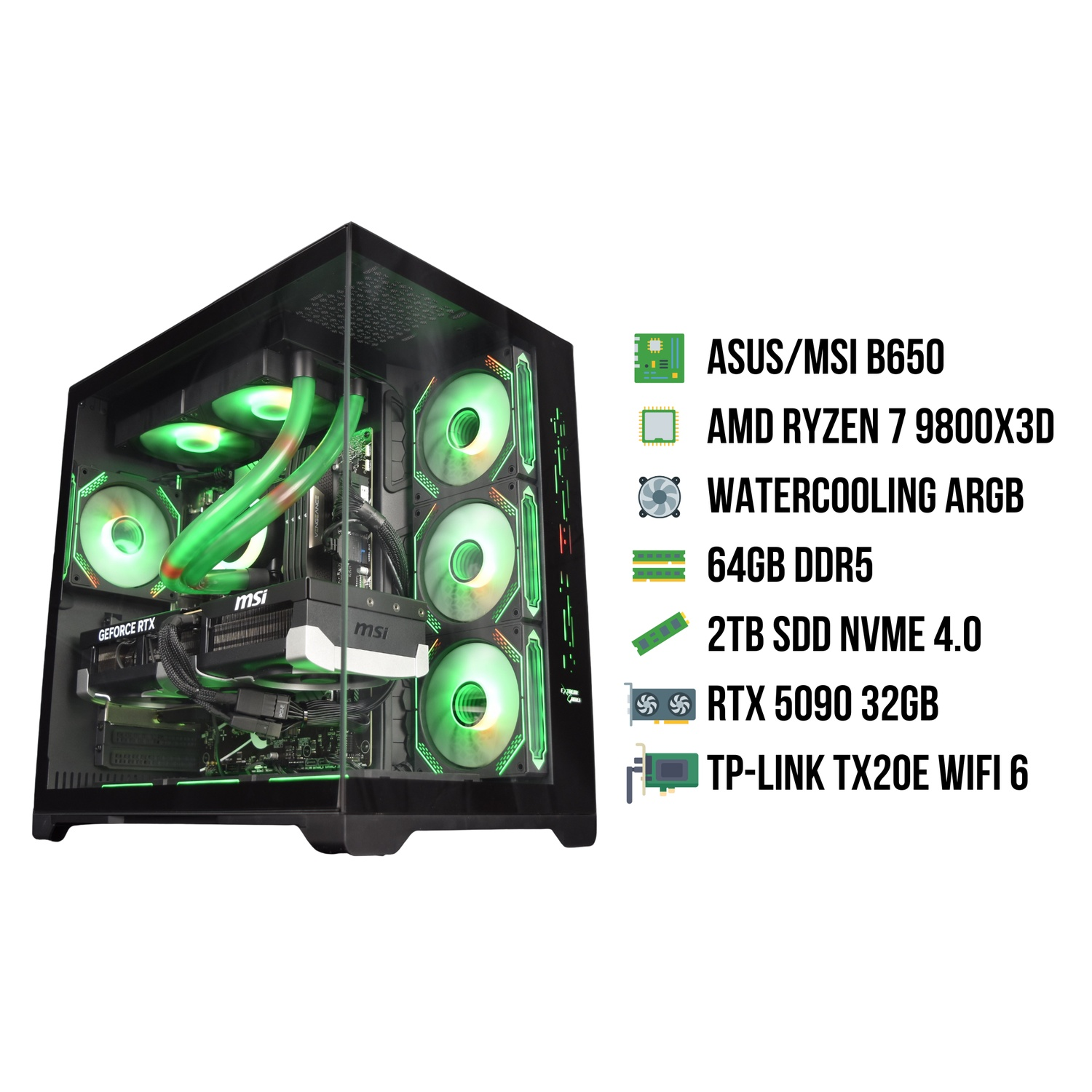 Un PC de jeu avec des lumières LED vertes et une liste de composants sur le côté droit.