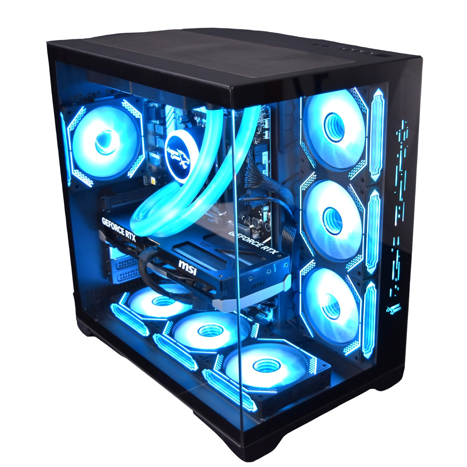 Boîtier PC avec lumières bleues. Composants comme GPU et refroidisseur CPU sont visibles.