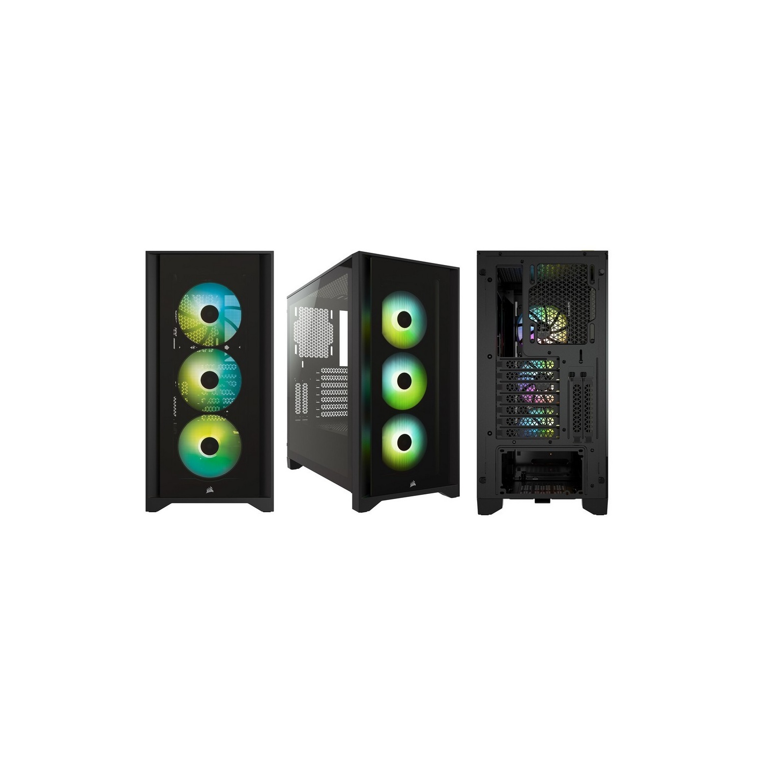 Drie computerkasten worden weergegeven. De linker- en middelste kasten tonen ventilatoren met kleurrijke lichten.