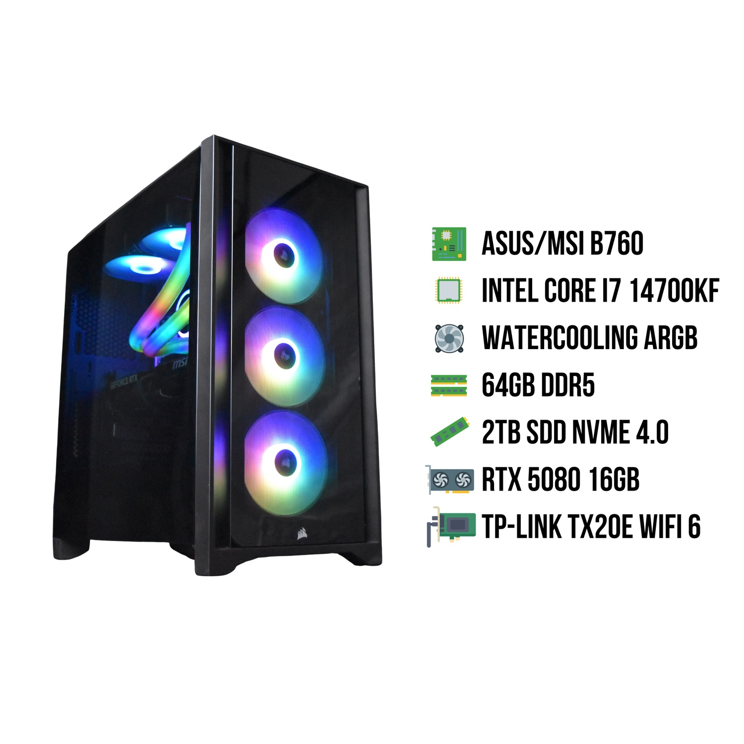 Zwarte pc-behuizing met RGB-ventilatoren. Specificaties: ASUS/MSI B760, Intel i7, RTX 5080, 64GB DDR5 en 2TB SSD. Witte achtergrond.