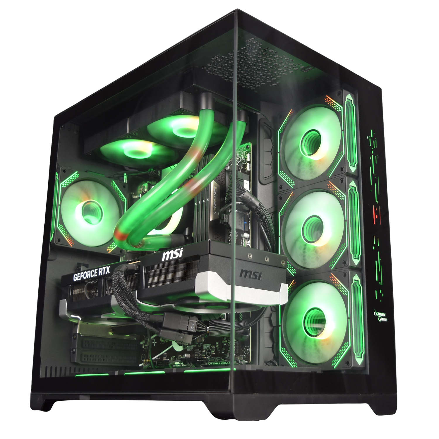 Un boîtier PC avec vitre, composants internes avec lumières LED vertes.