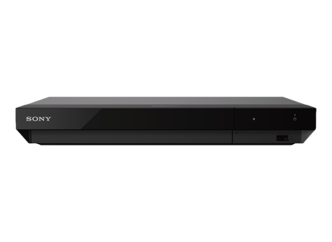 Ein schwarzer Sony Blu-ray-Player. Das Gerät hat ein schlichtes Design mit minimalen Tasten und einer Betriebsanzeige.