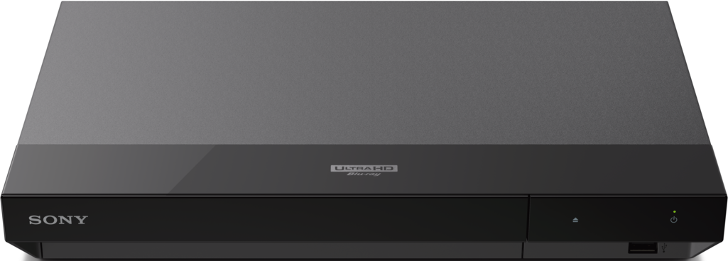 Ein schwarzer Sony Blu-ray-Player vor weißem Hintergrund. Er hat ein schlankes, minimalistisches Design.