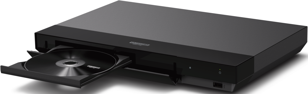 Schwarzer DVD-Player mit geöffnetem Laufwerk, das eine Disc zeigt. Der Hintergrund ist weiß.