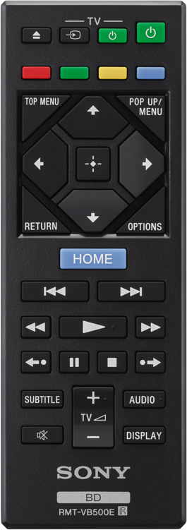 Sony-Fernbedienung mit mehreren Tasten, darunter eine Home-Taste und Navigationstasten.