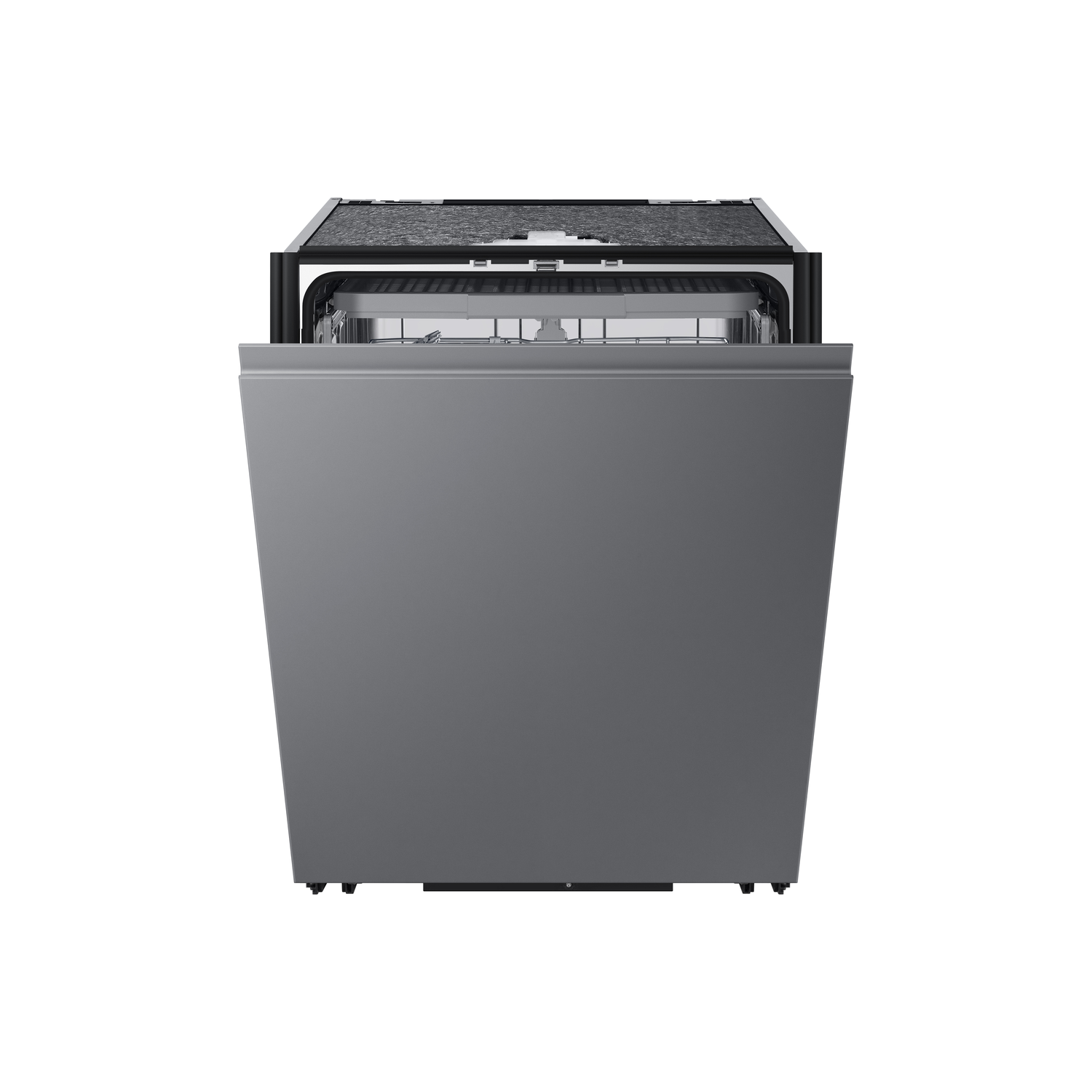 A dishwasher with its door open, revealing the interior and its gray finish.