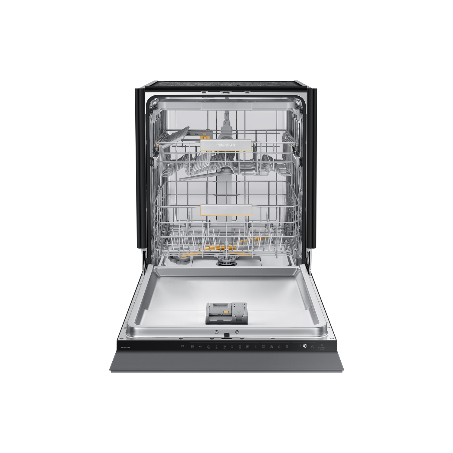 Open dishwasher with racks and cutlery tray visible, against a white background.