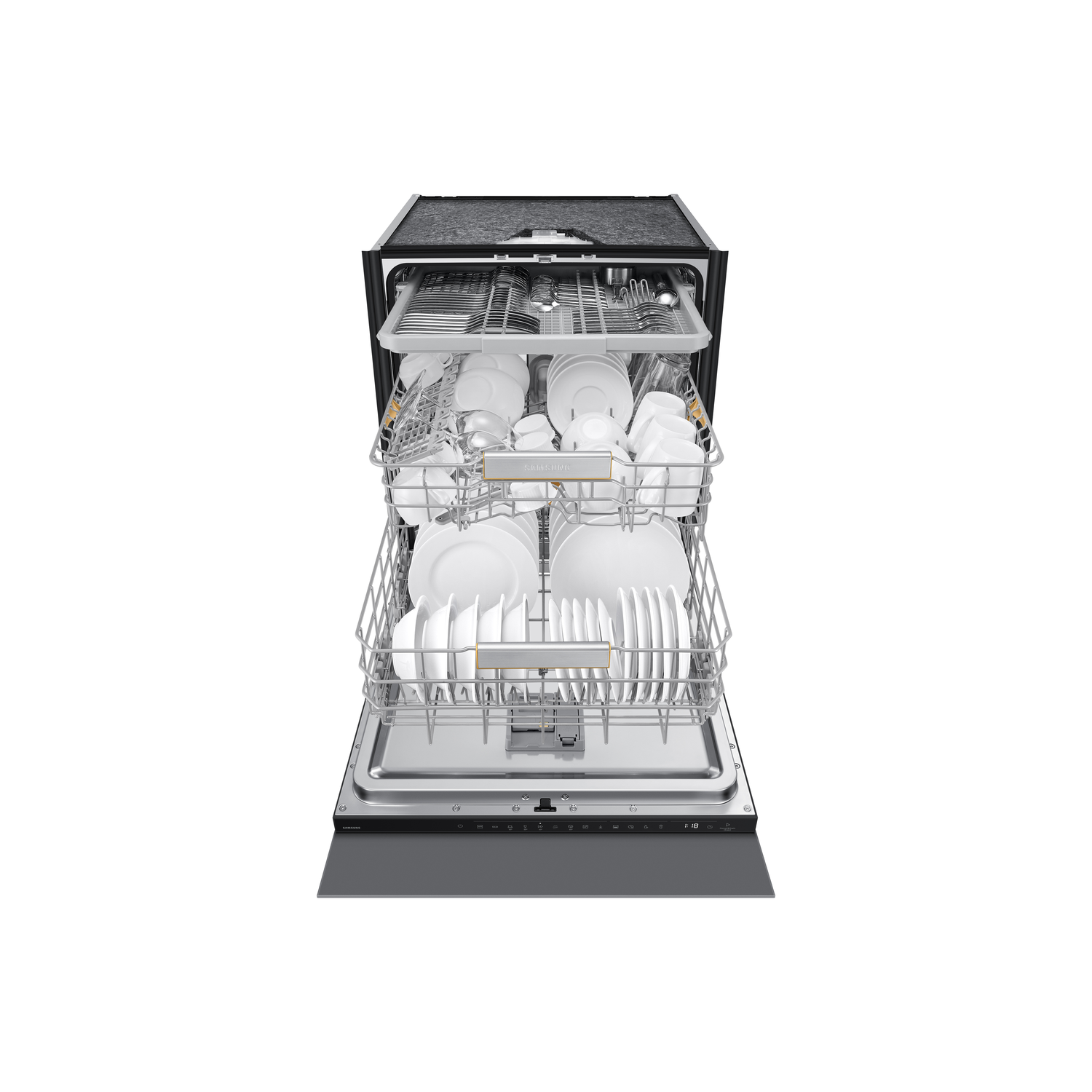 Dishwasher with open door, filled with dishes, cutlery, and glasses inside.