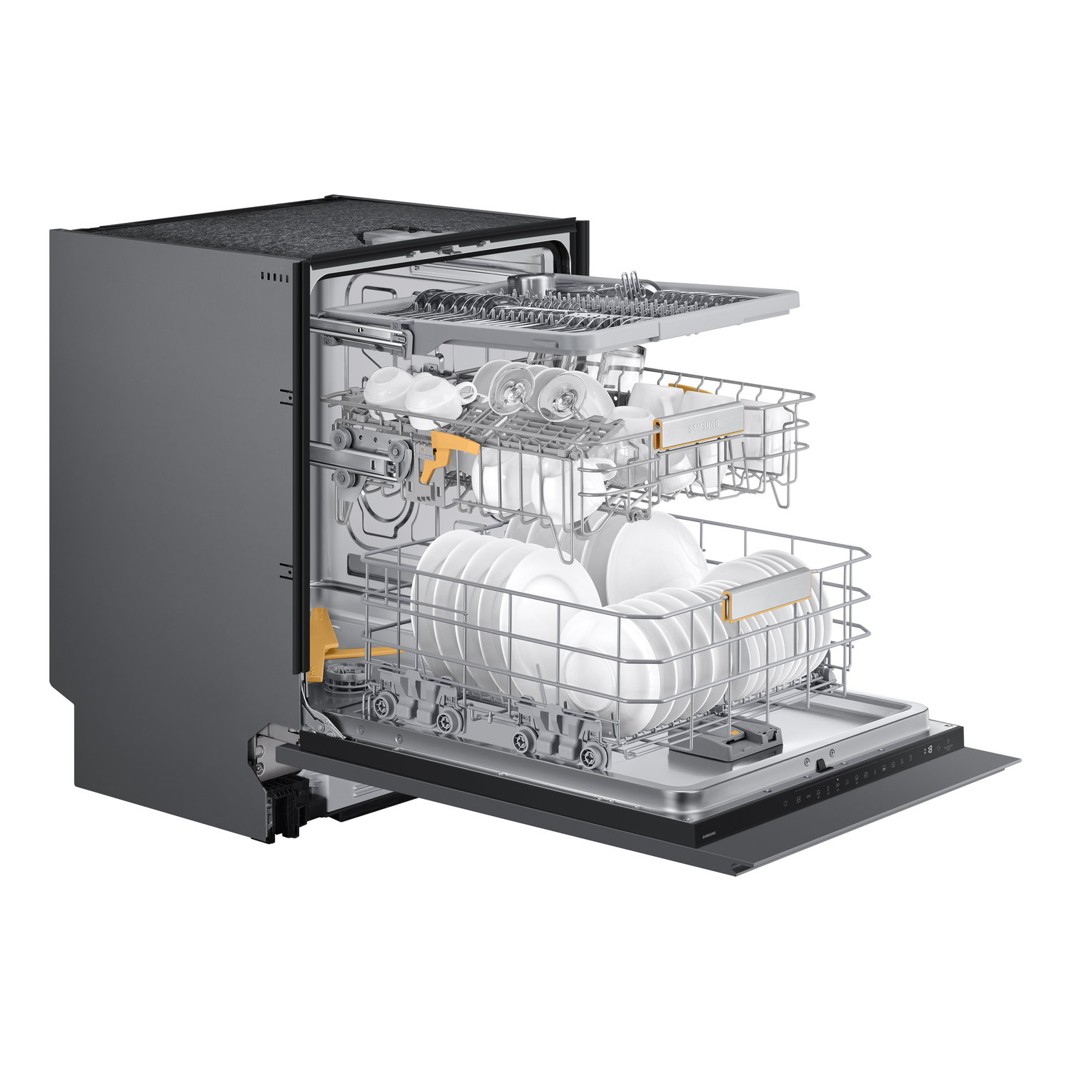Dishwasher with two racks, filled with dishes. The door is open, revealing the interior.