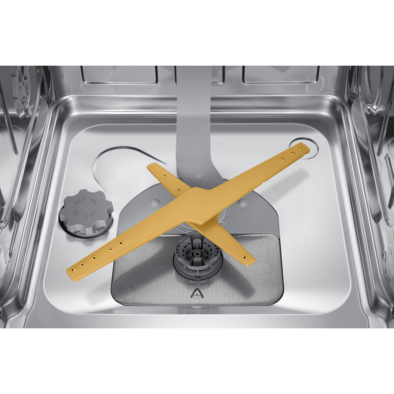 Inside a dishwasher: a yellow spray arm, a grey filter, and a grey control knob.
