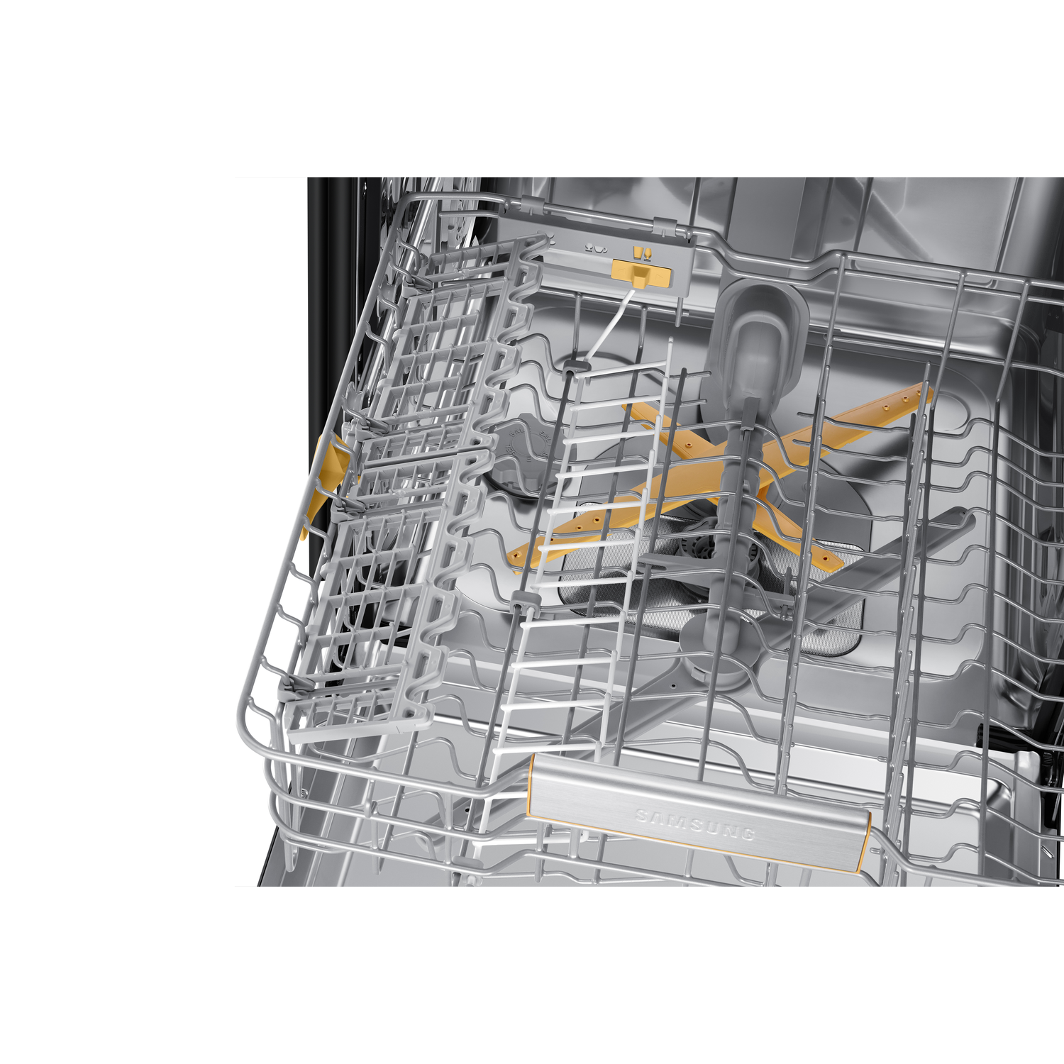 Dishwasher interior with racks and sprayer. The word SAMSUNG is visible on the rack.