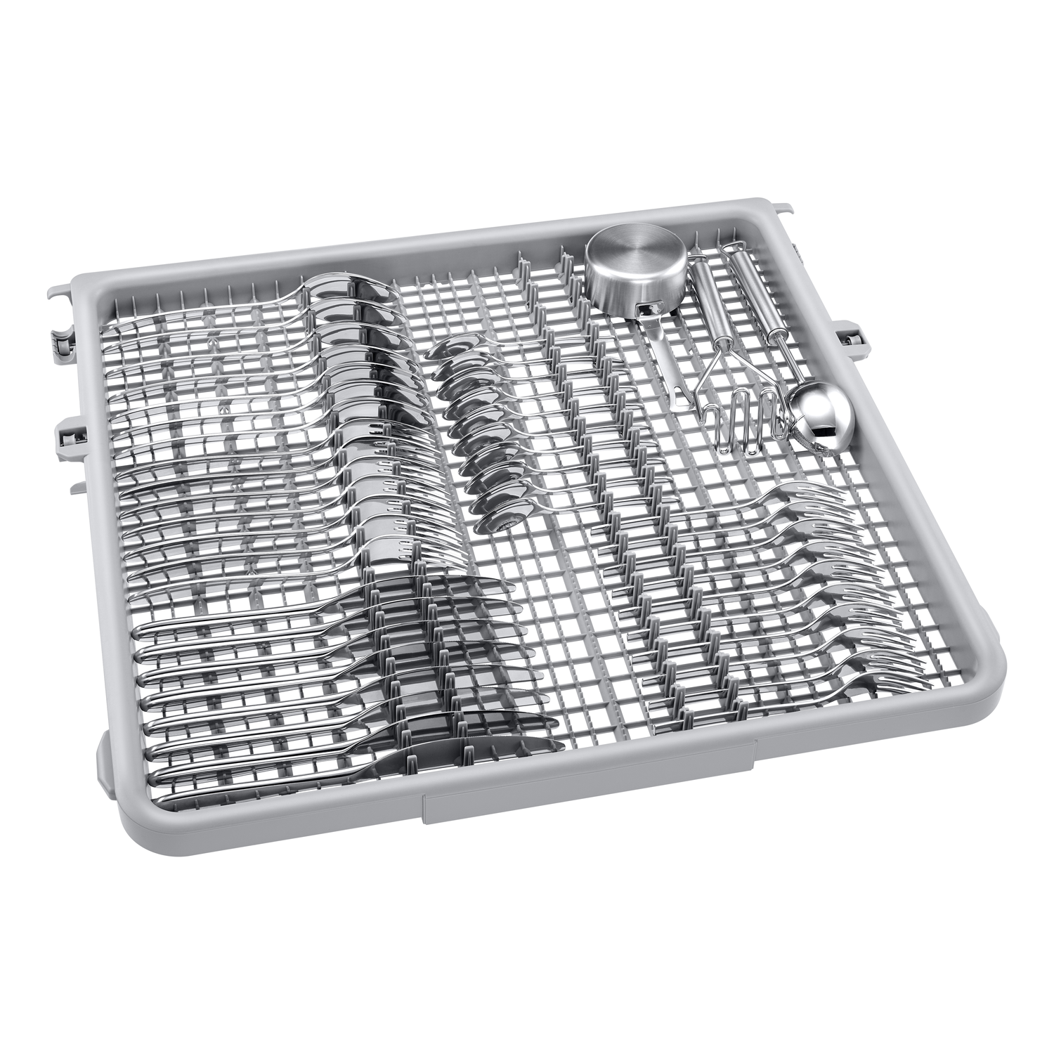 Dishwasher tray with cutlery, silverware, and utensils arranged in a grid pattern.
