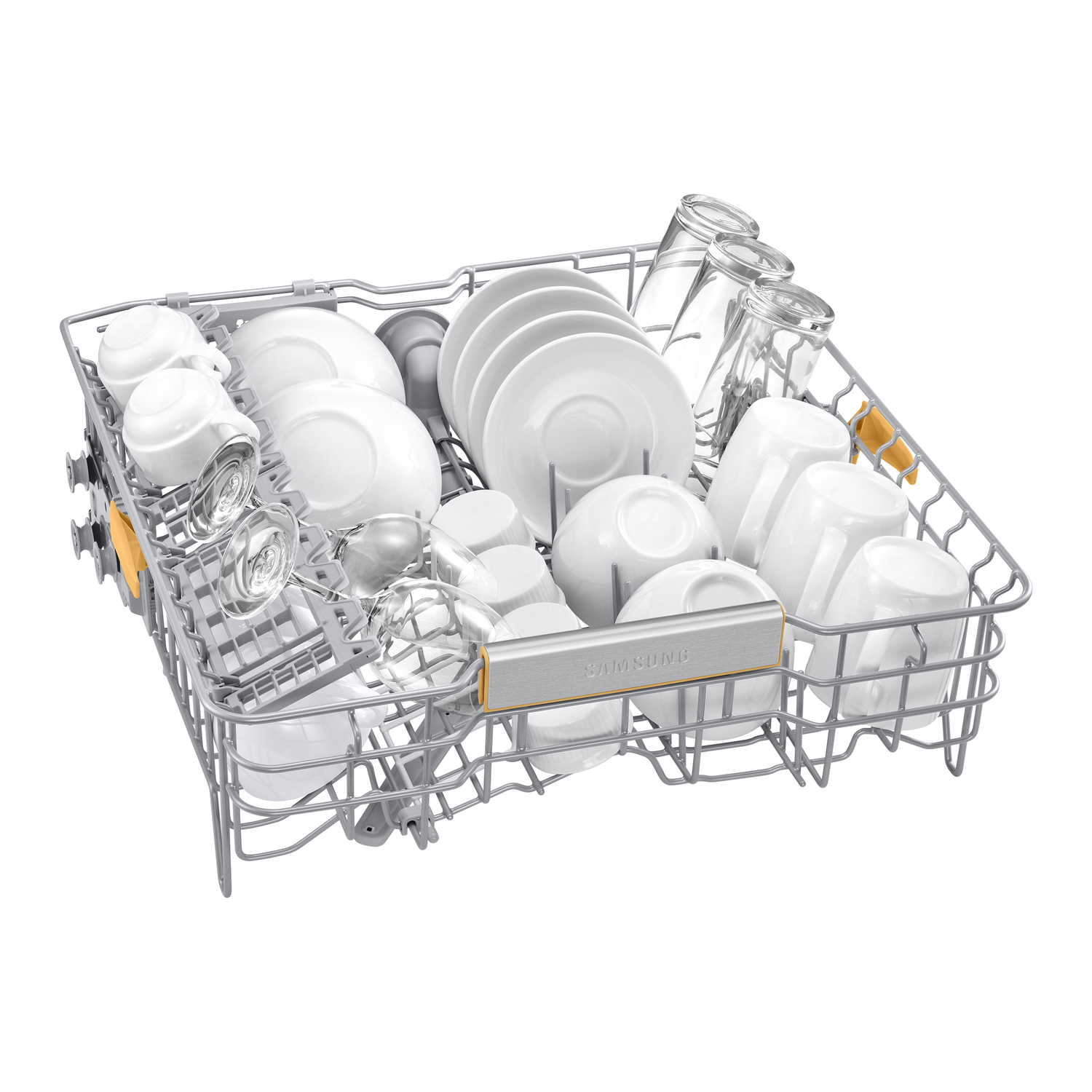 Dishwasher rack filled with dishes, glasses, and other items.