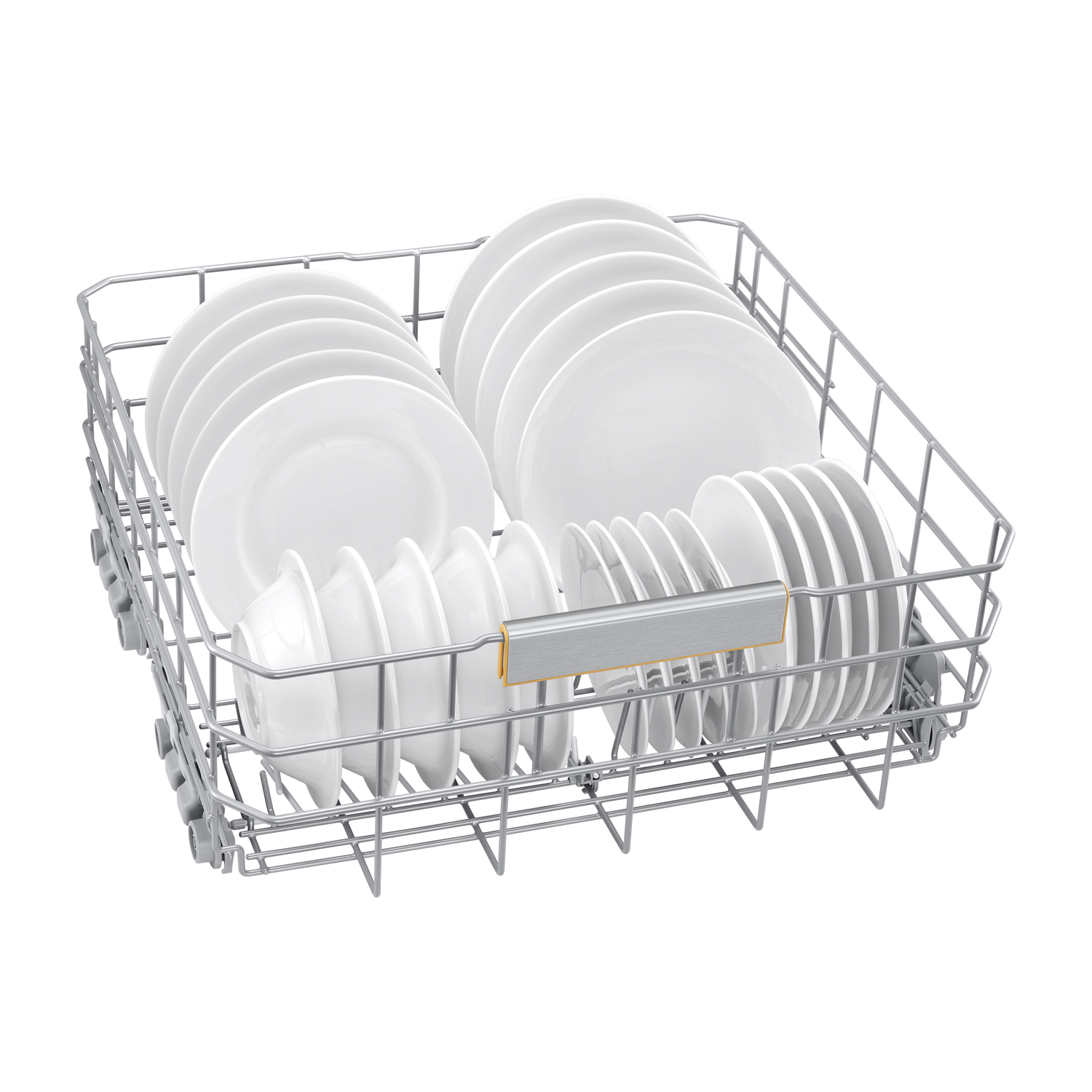 A dishwasher rack filled with white plates, bowls, and cups.